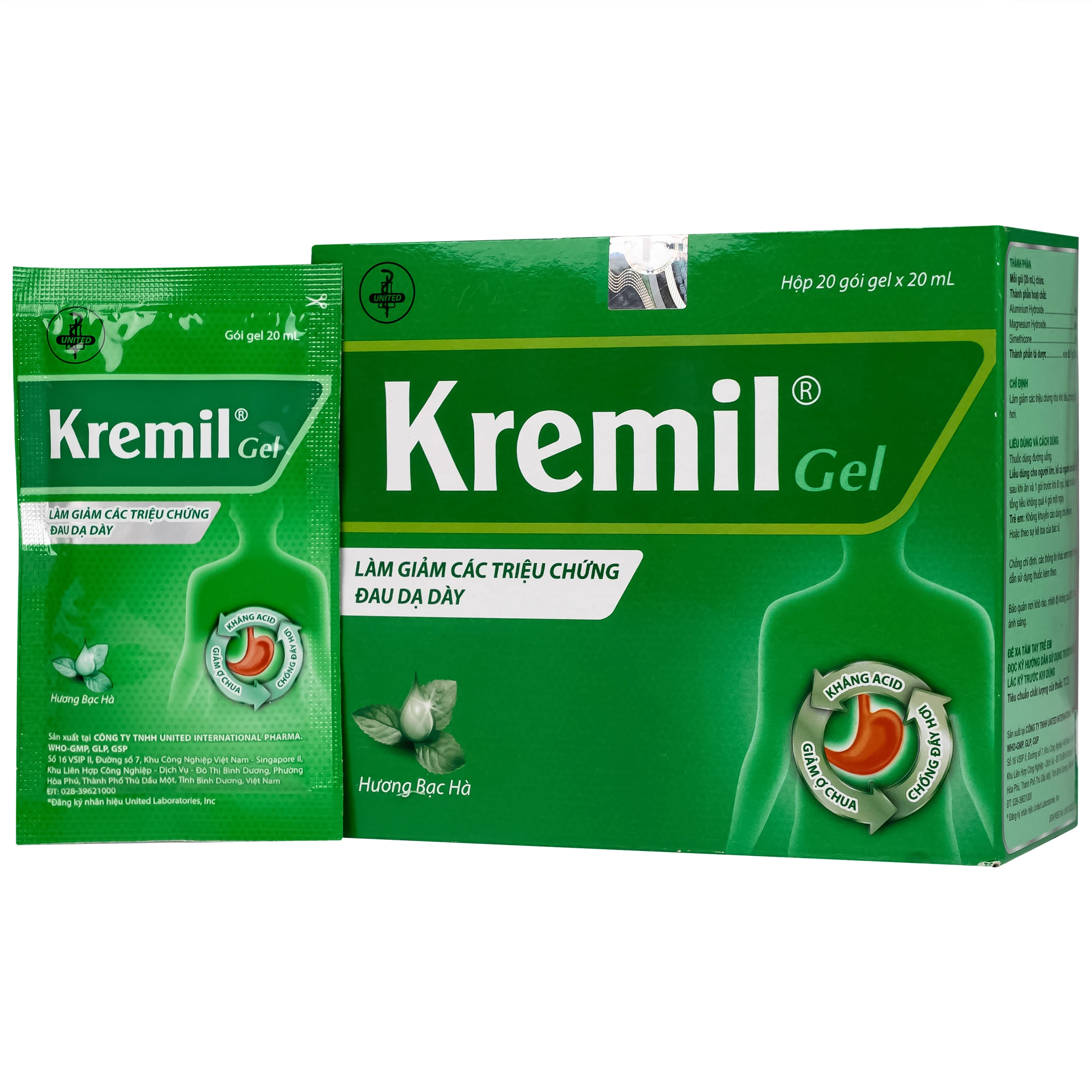 Thuốc Kremil Gel Bạc Hà United làm giảm các triệu chứng như khó tiêu, ợ nóng, đầy hơi (20 gói x 20ml)