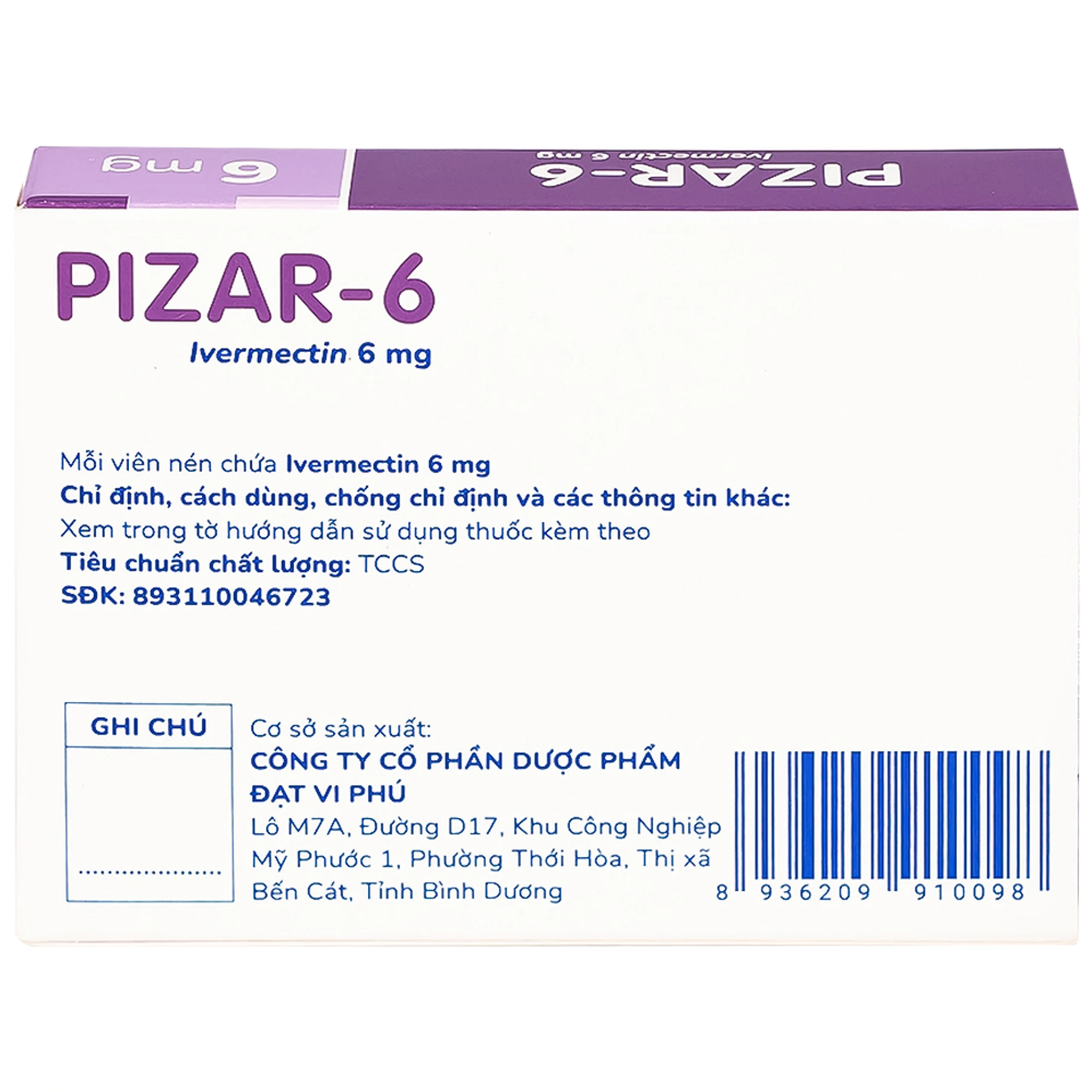 Viên nén Pizar-6 DaViPharm điều trị các bệnh nhiễm giun lươn, giun chỉ (1 vỉ x 4 viên)