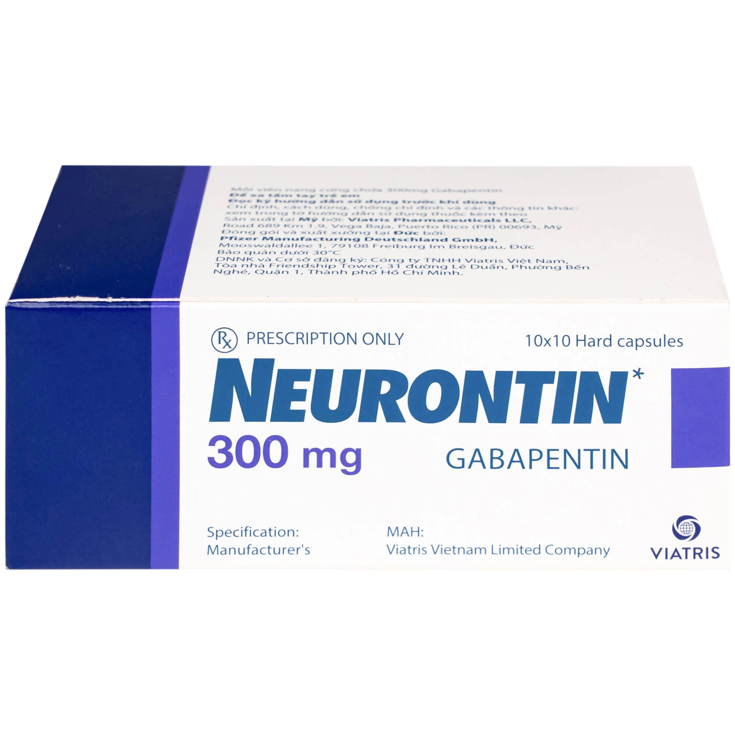 Viên nang cứng Neurontin 300mg VIATRIS điều trị hỗ trợ trong động kinh cục bộ (10 vỉ x 10 viên)