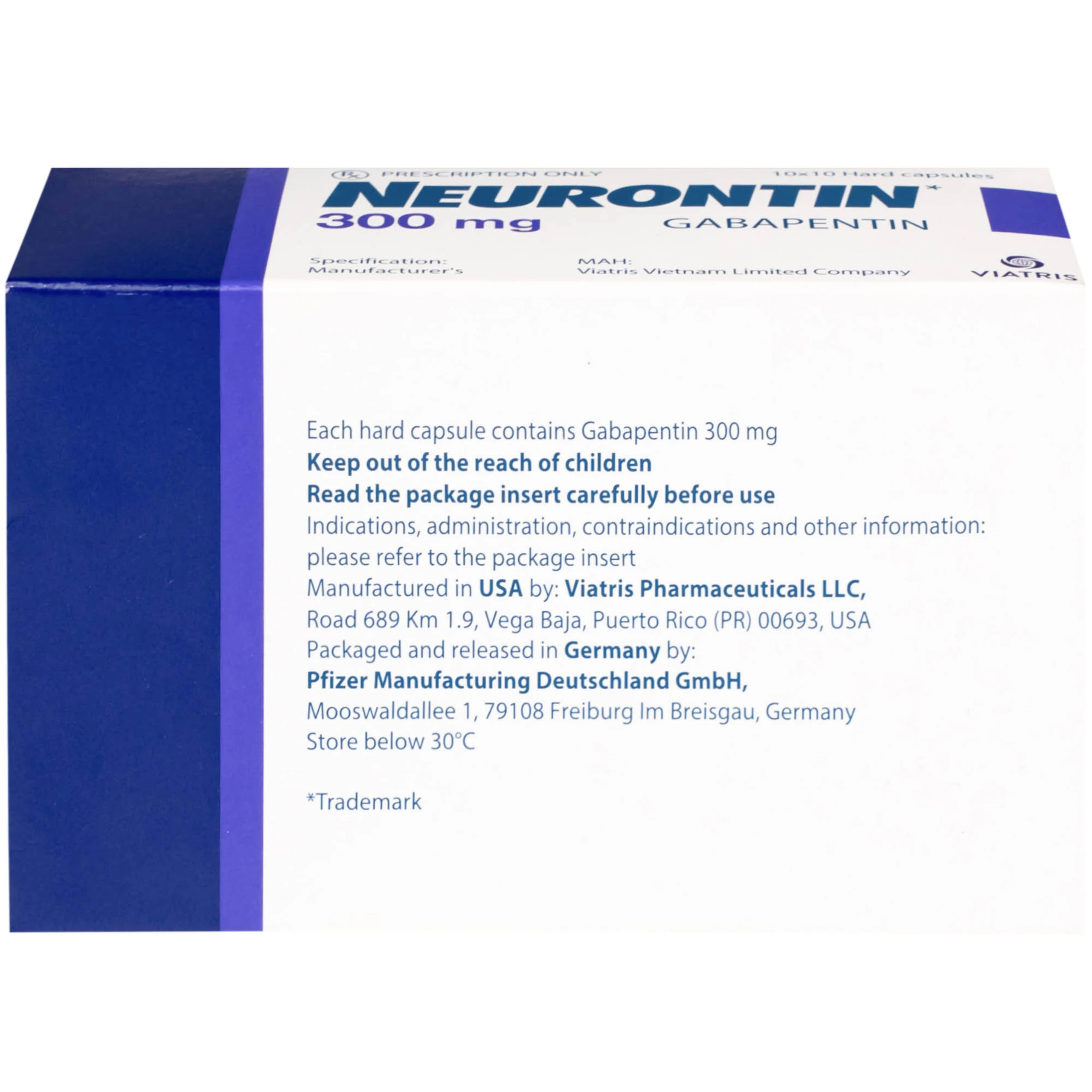 Viên nang cứng Neurontin 300mg VIATRIS điều trị hỗ trợ trong động kinh cục bộ (10 vỉ x 10 viên)