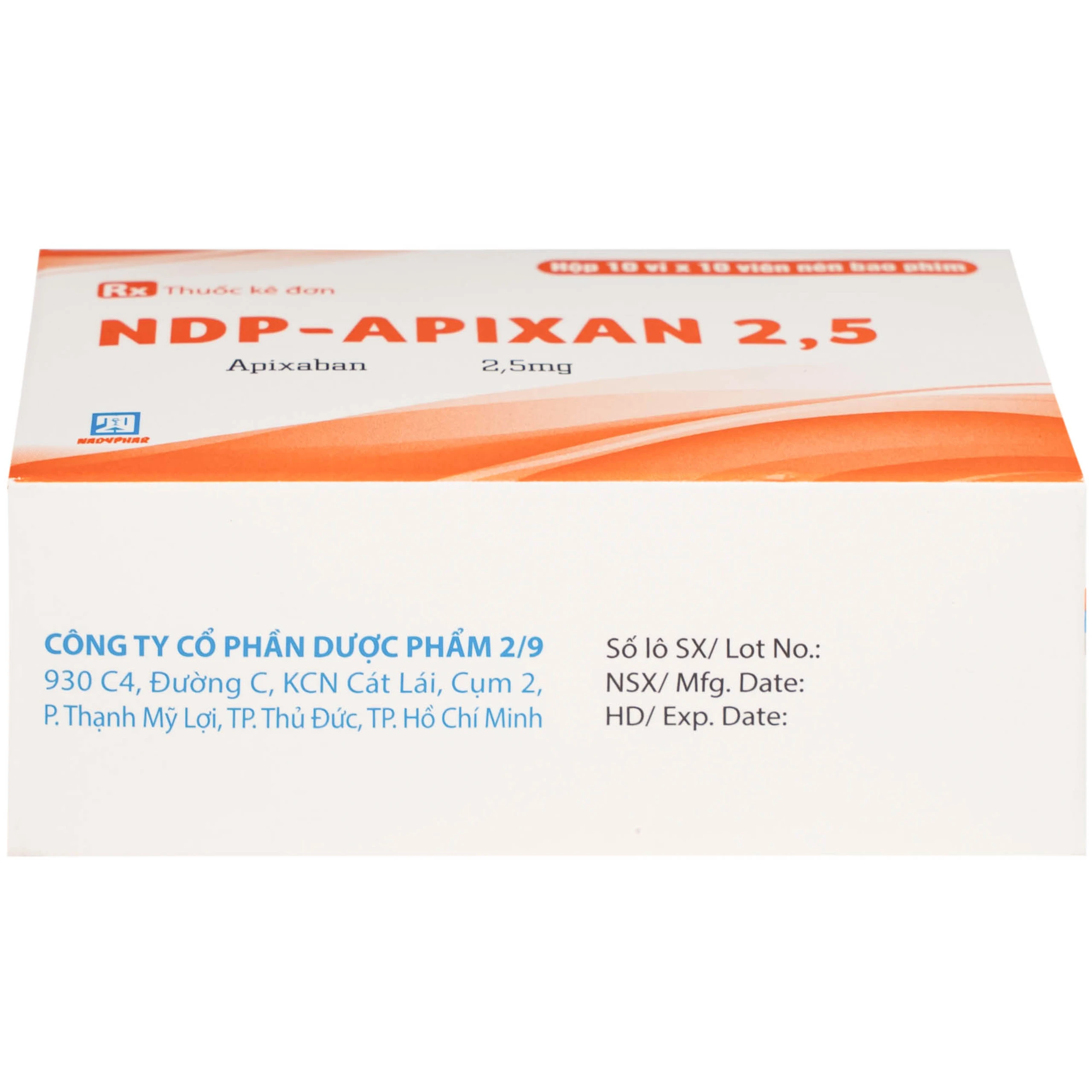 NDP-Apixan 2.5mg Nadyphar phòng ngừa biến cố thuyên tắc huyết khối tĩnh mạch (10 vỉ x 10 viên)
