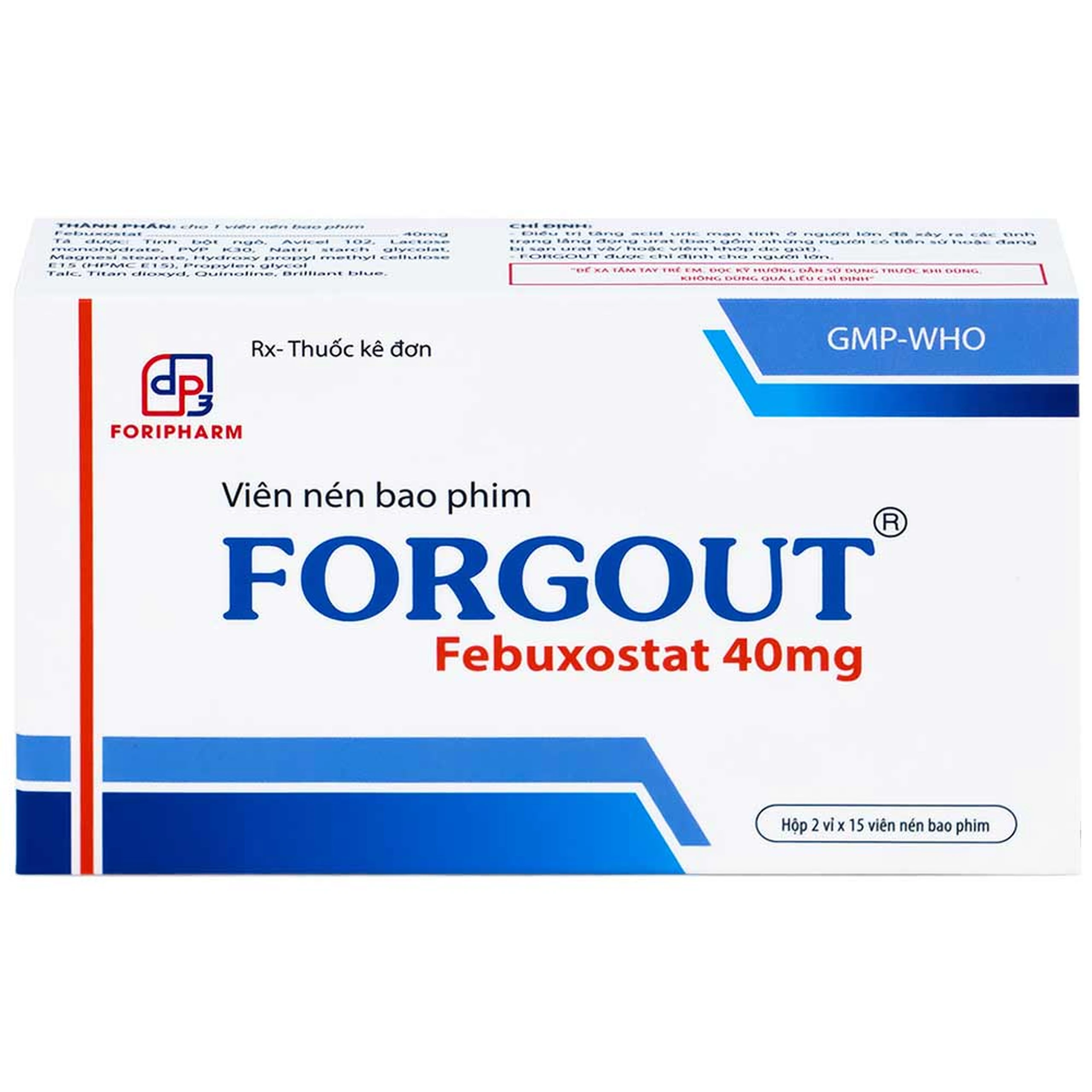 Thuốc Forgout 40mg TW3 điều trị tăng acid uric mạn tính, viêm khớp do gout (2 vỉ x 15 viên)