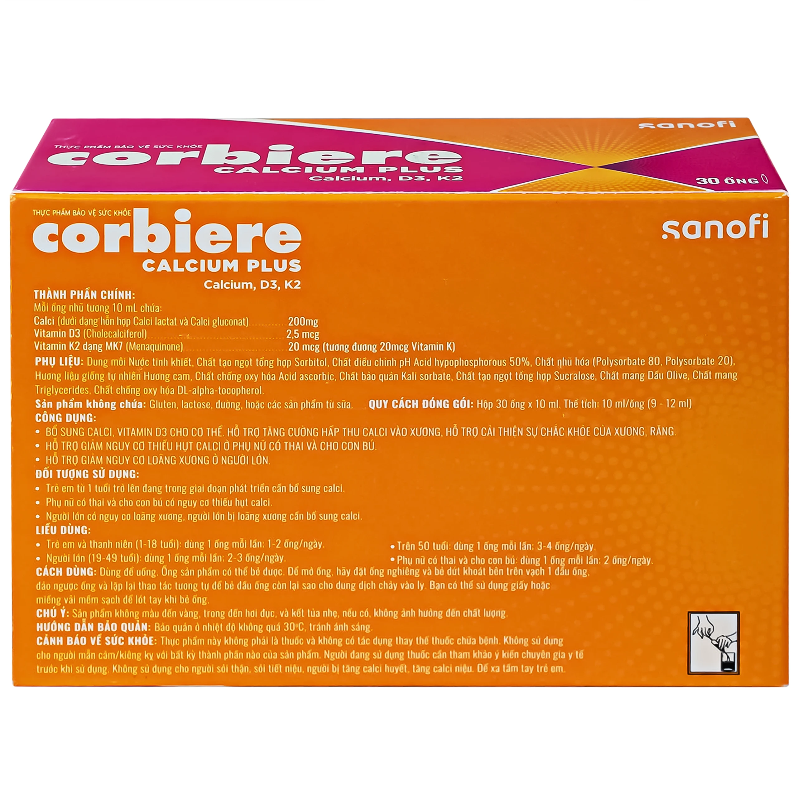 Thực phẩm bảo vệ sức khỏe Corbiere Calcium Plus Sanofi giúp bổ sung calci, vitamin D3 (3 vỉ x 10 ống)