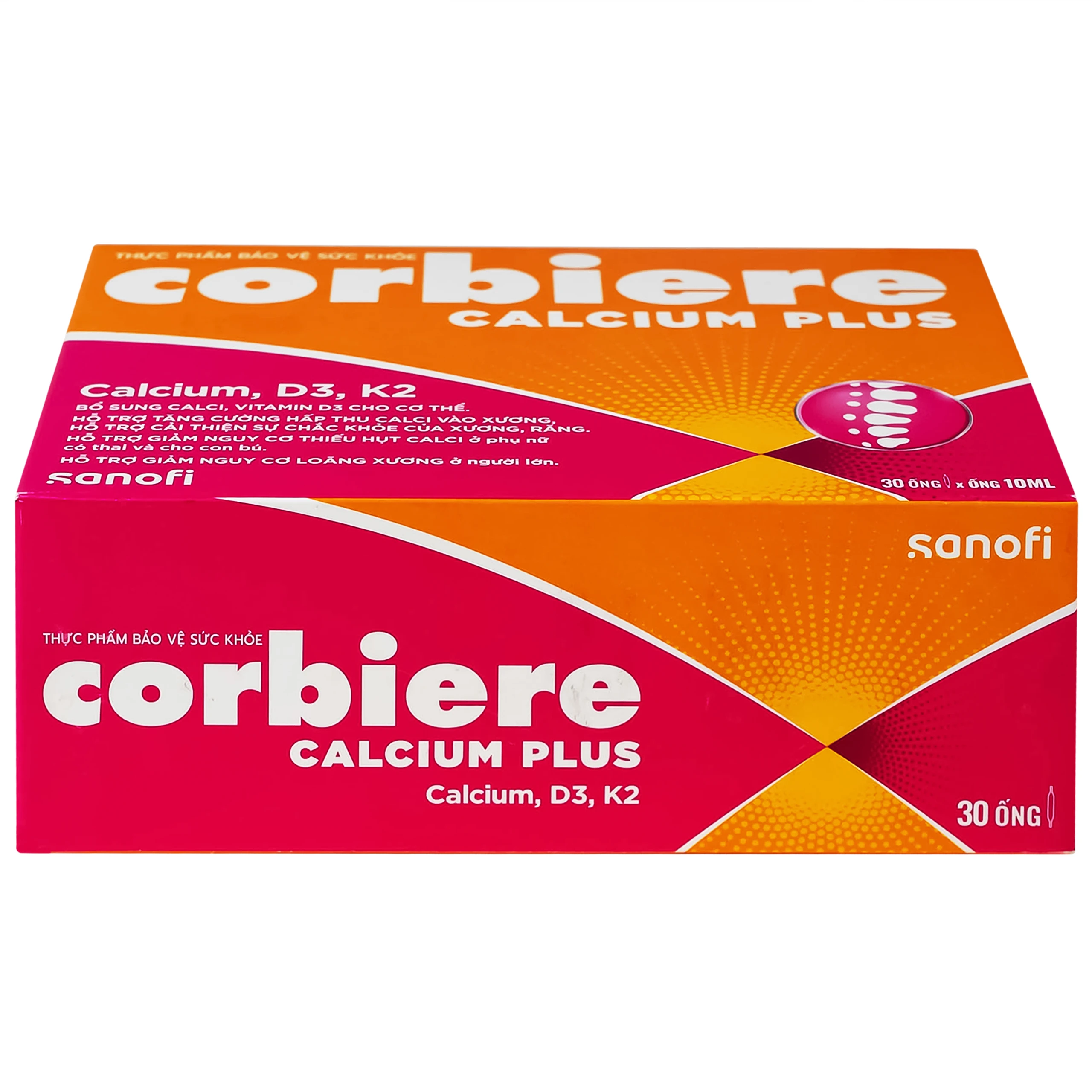Thực phẩm bảo vệ sức khỏe Corbiere Calcium Plus Sanofi giúp bổ sung calci, vitamin D3 (3 vỉ x 10 ống)