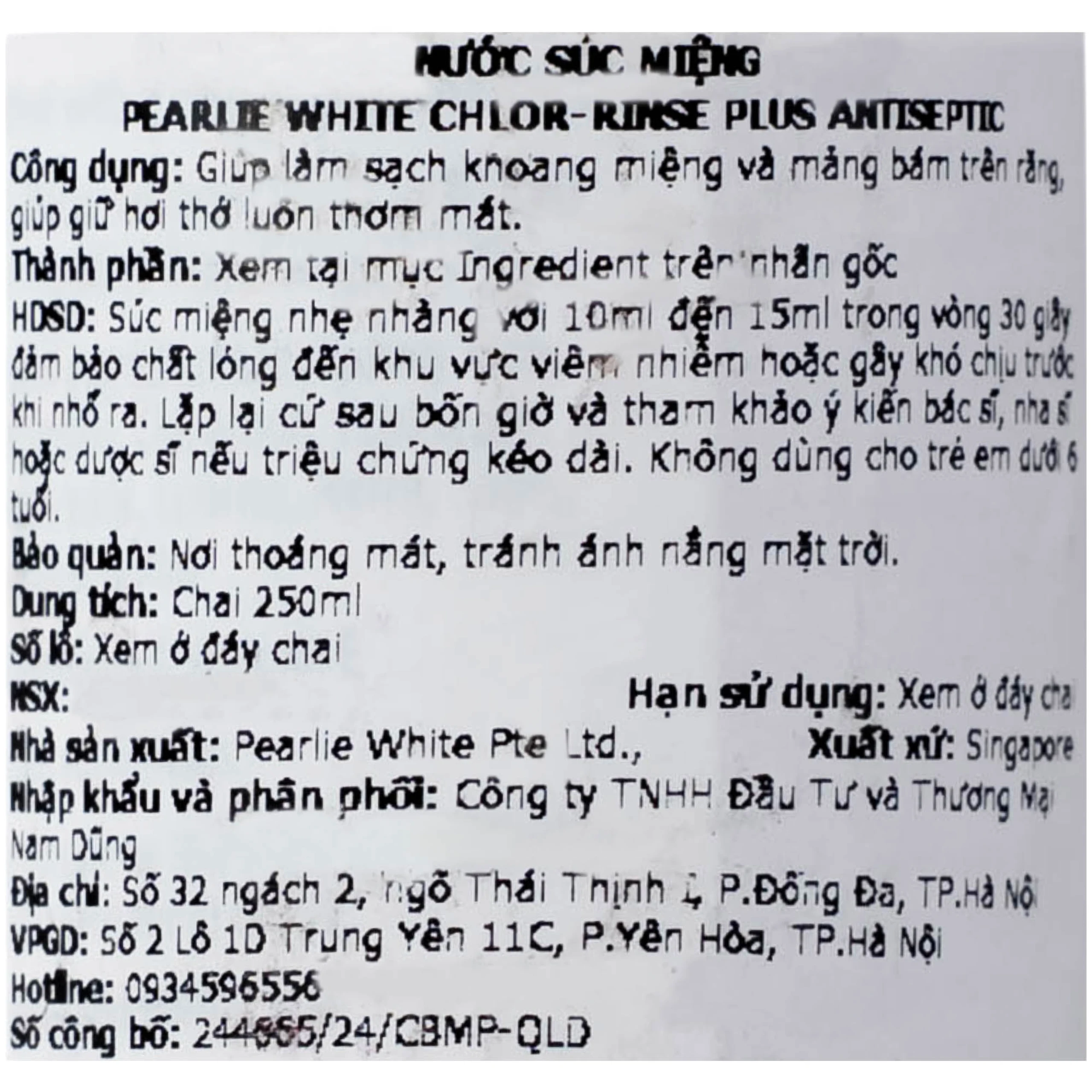 Nước Súc Miệng Pearlie White Chlor-Rinse Plus (250ml)