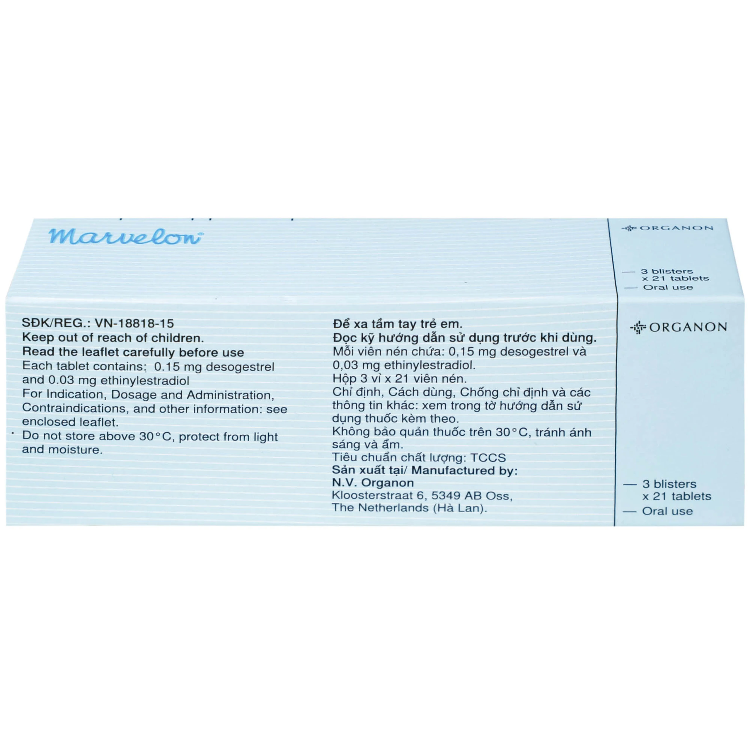 Thuốc tránh thai Marvelon Organon (3 vỉ x 21 viên)