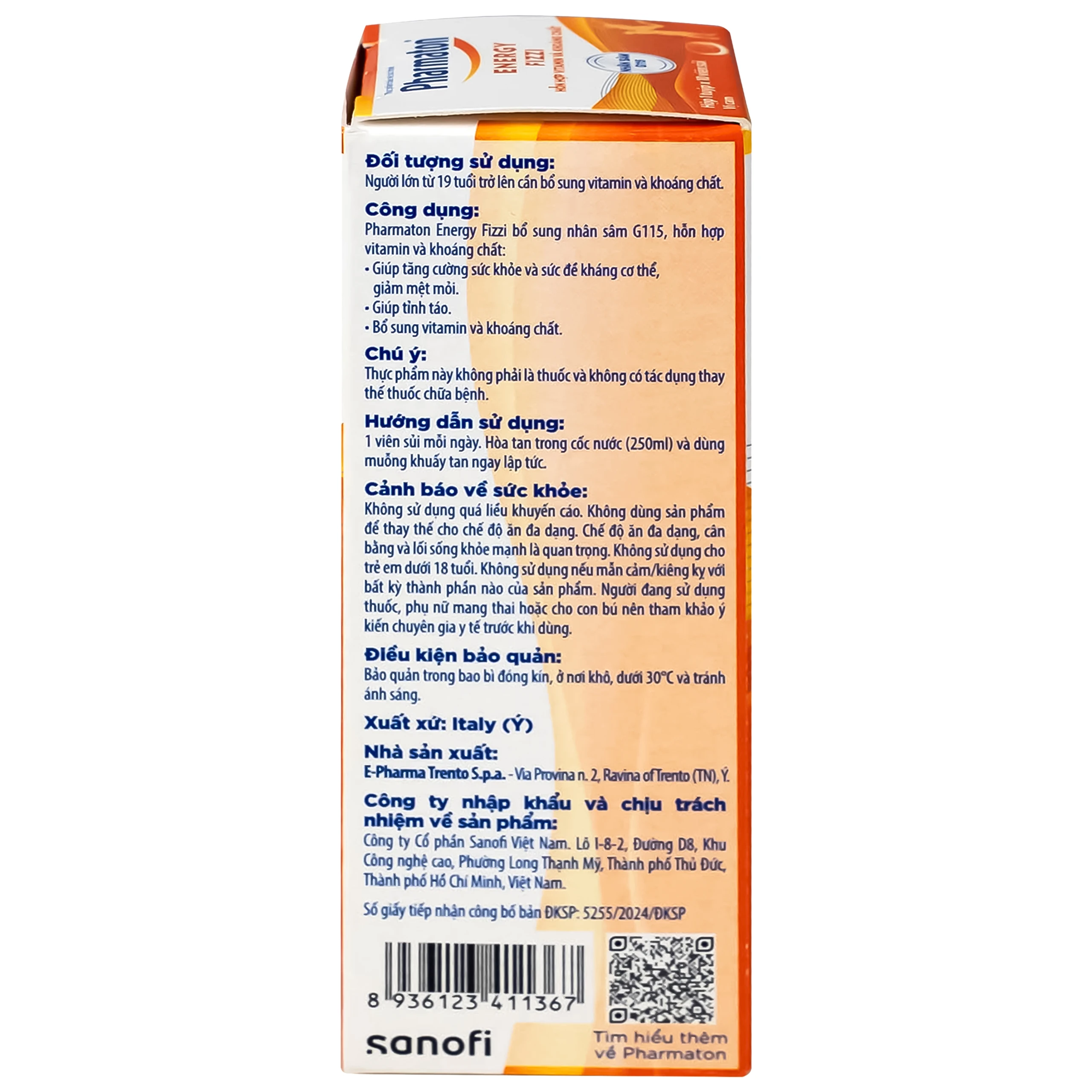 Thực phẩm bảo vệ sức khỏe Pharmaton Energy Fizzi Sanofi giúp tăng cường sức khỏe, sức đề kháng và giảm mệt mỏi (10 viên)