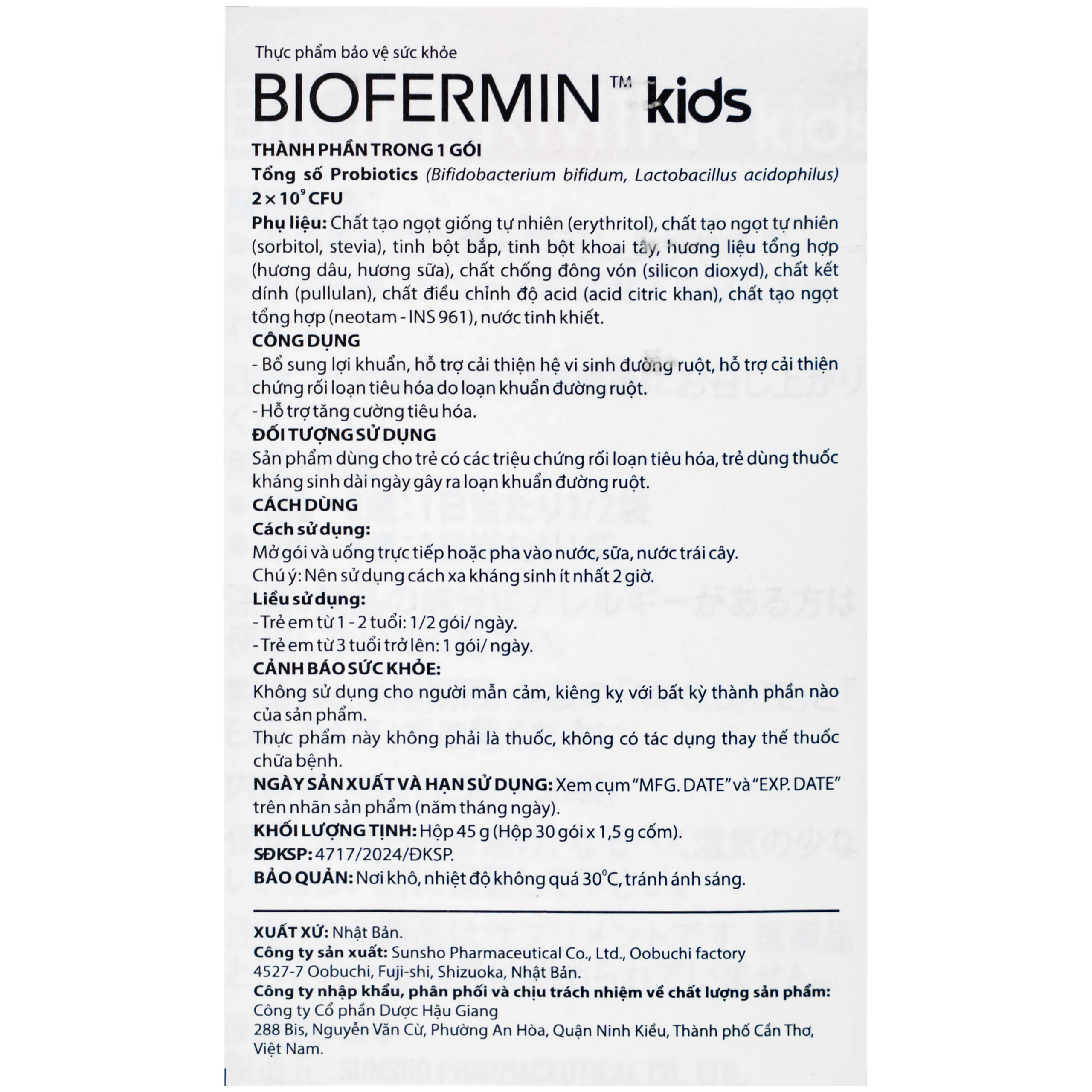 Cốm bổ sung lợi khuẩn đường ruột Biofermin Kids Taisho (30 gói)