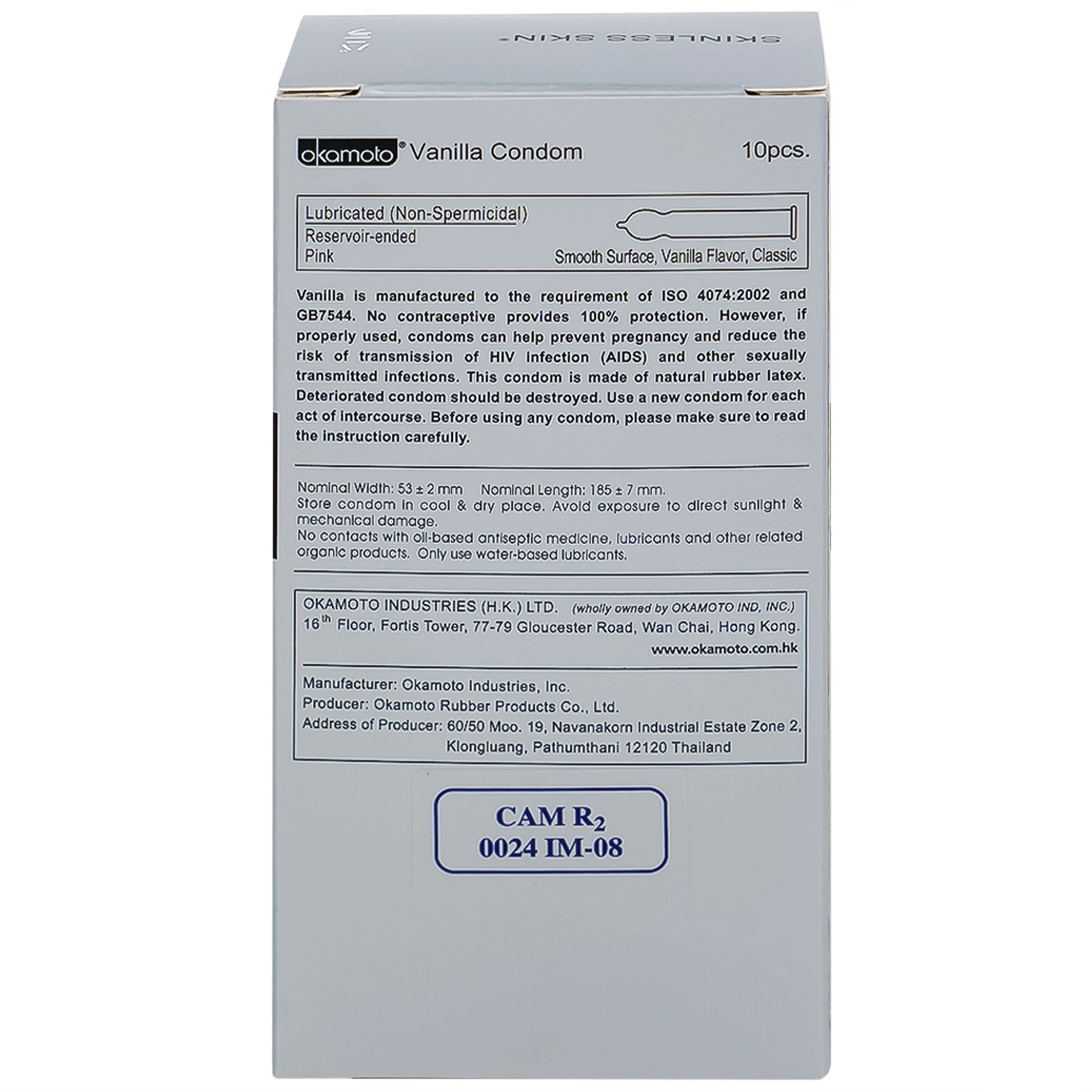 Bao cao su Okamoto Skinless skin Vanilla mềm mại, dẻo dai (10 cái)
