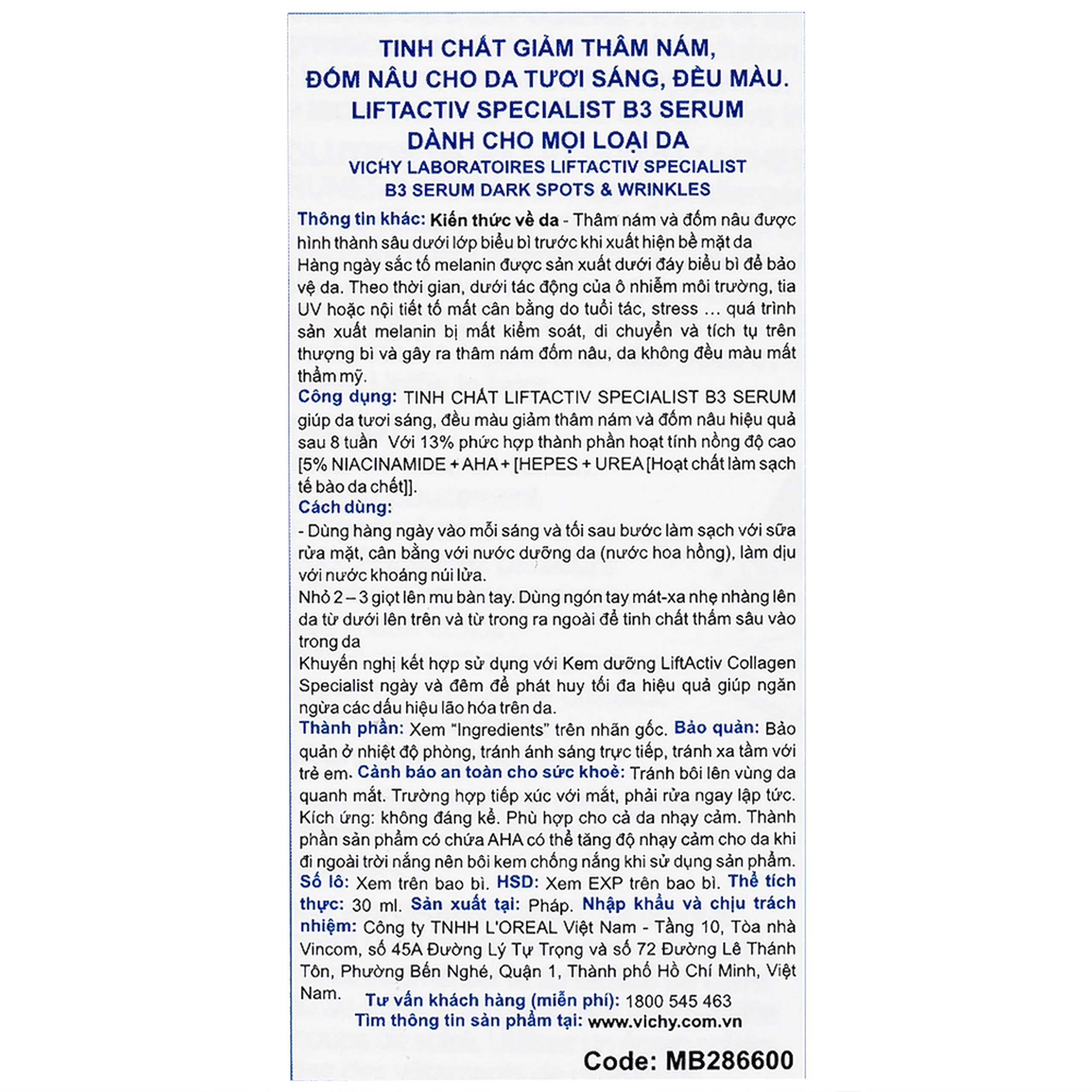 Tinh chất ngăn ngừa thâm nám, đốm nâu Liftactiv Specialist B3 Serum 30ml Vichy