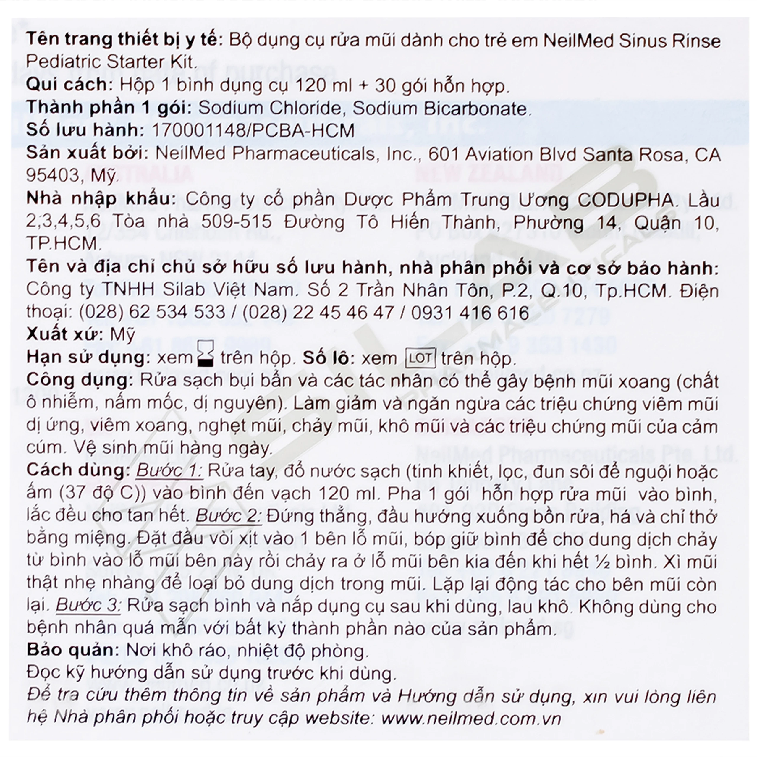 Bộ rửa mũi trẻ em Neilmed Pediatric Starter kit (1 bình + 30 gói) dùng cho trẻ từ 4 đến 10 tuổi