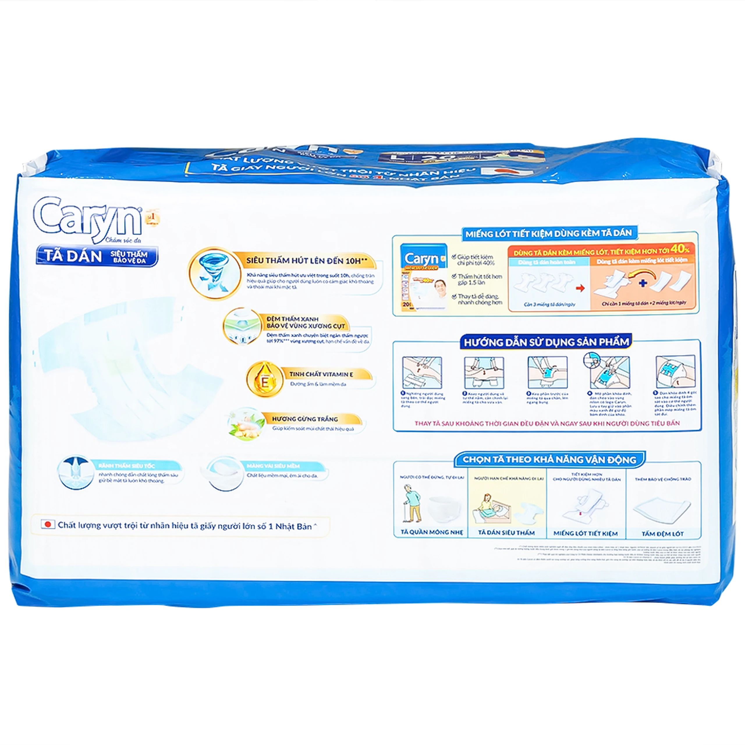 Tã dán người lớn Caryn siêu thấm size L20, vòng hông 68 x 122cm (20 miếng)