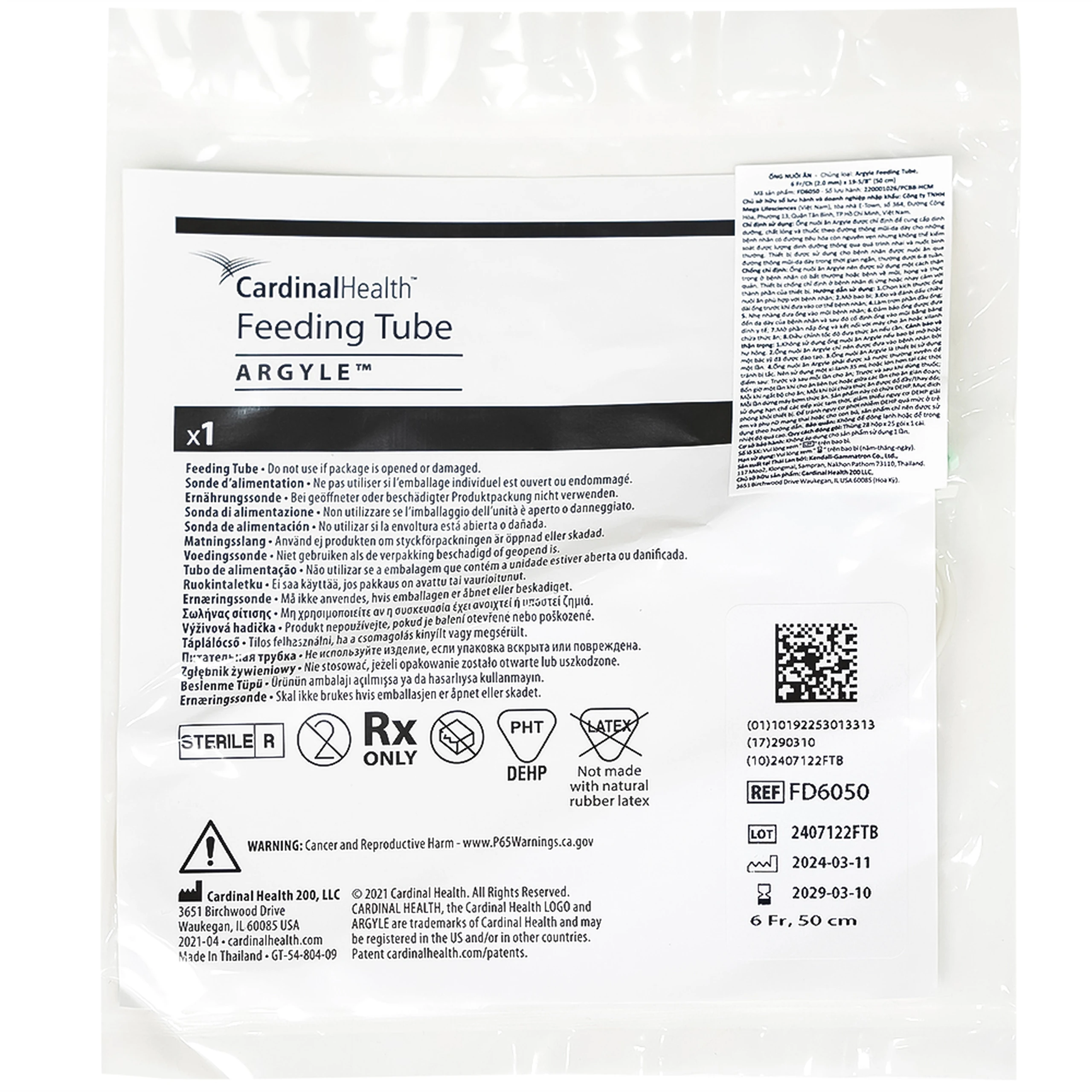 Dây cho ăn Argyle Feeding 6FR FD6050 qua đường thông mũi, dạ dày