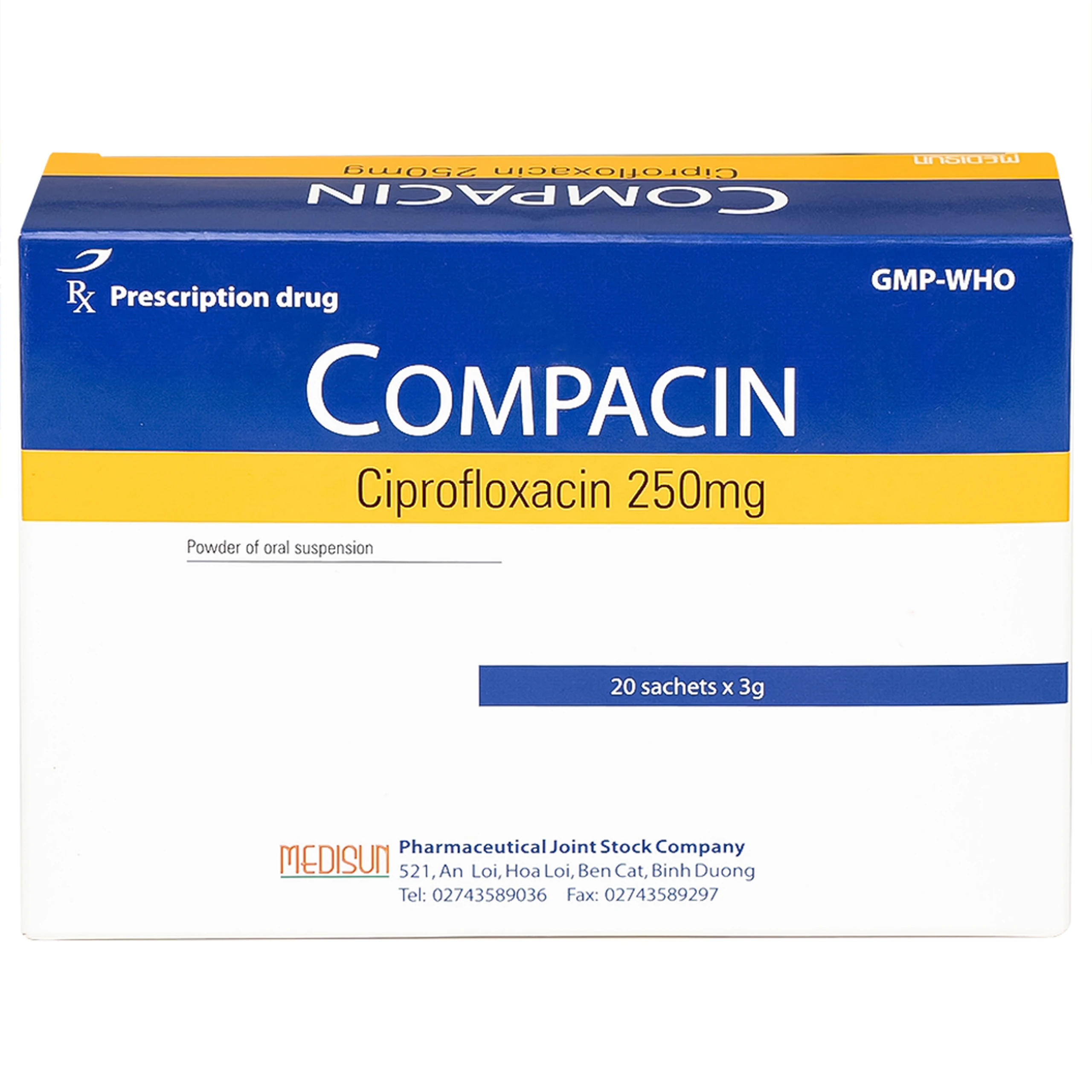 Bột pha hỗn dịch uống Compacin 250mg Medisun dùng cho các nhiễm khuẩn do các vi khuẩn nhạy cảm (20 gói)
