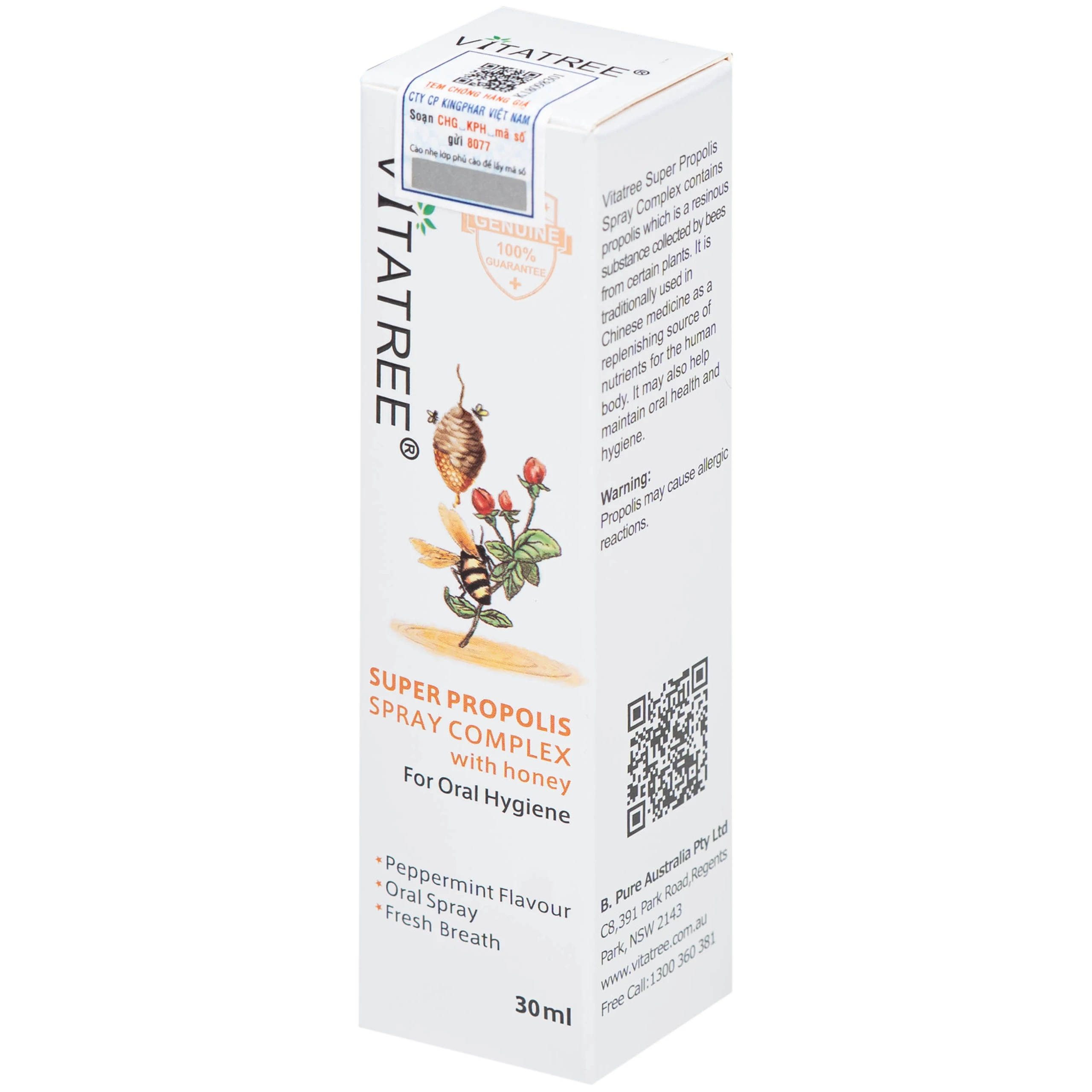 Chai xịt họng hỗ trợ giảm đau rát cổ do viêm họng Vitatree Super Propolis Spray Complex With Honey (30ml)