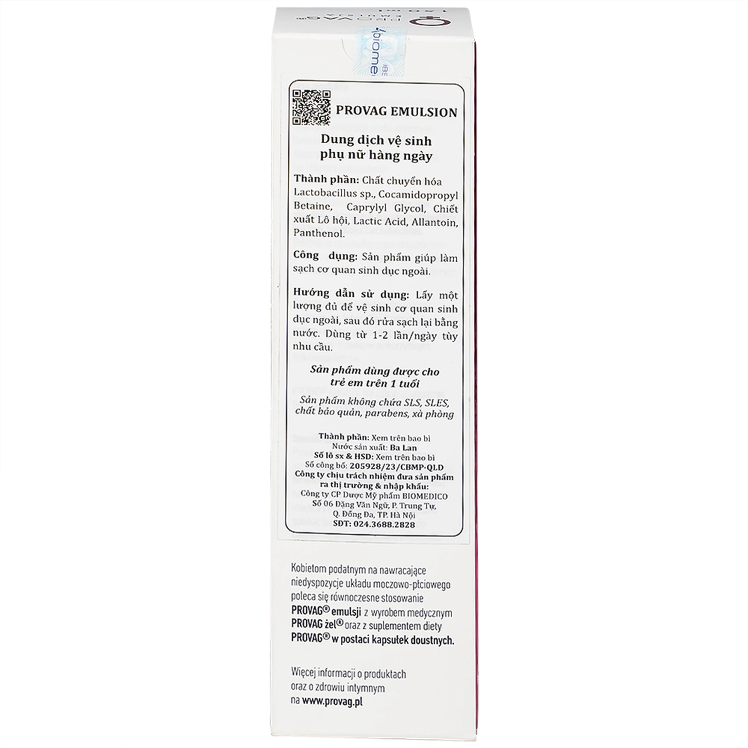Dung dịch vệ sinh phụ nữ Provag Emulsion Biomed hỗ trợ giảm viêm nhiễm, kháng khuẩn (150ml)