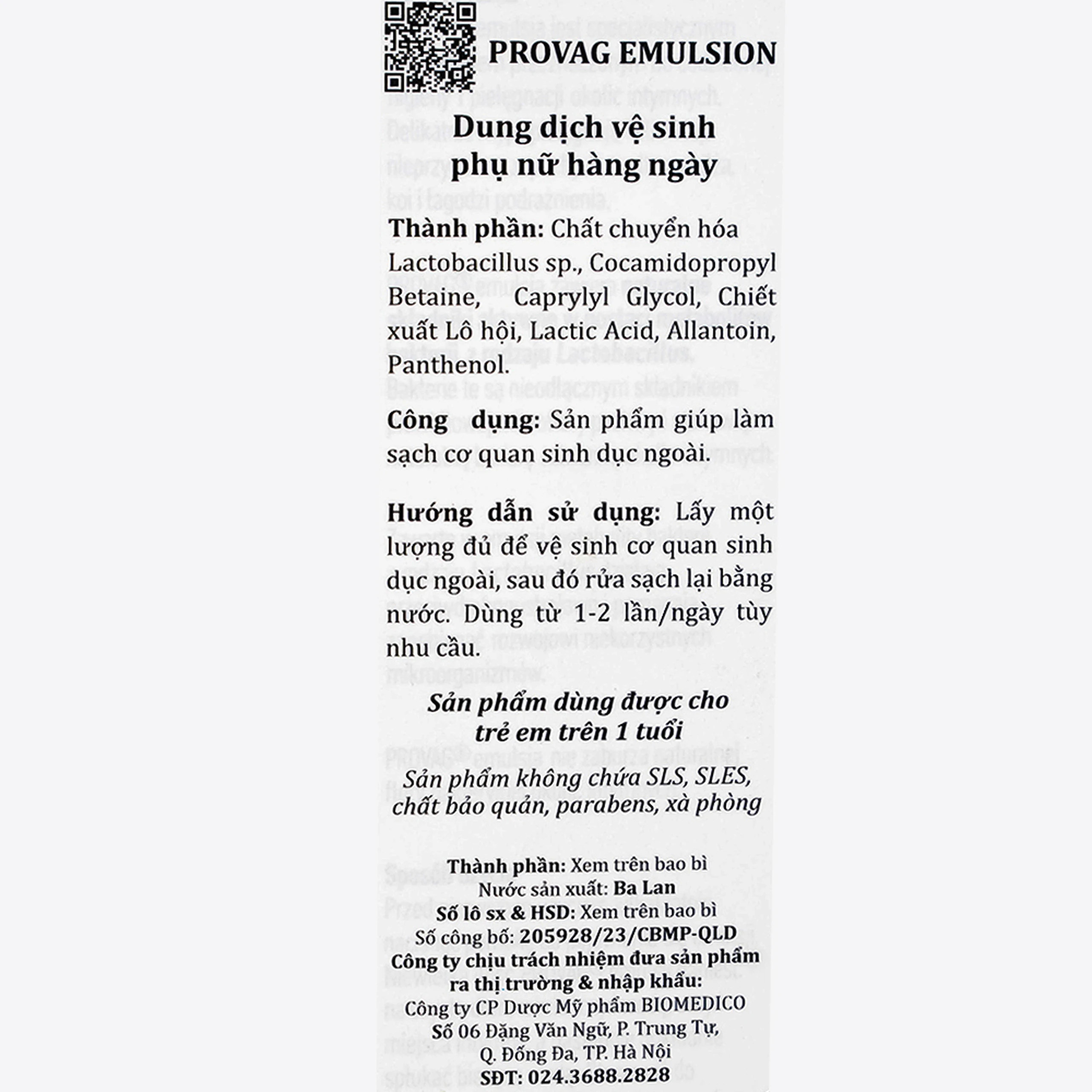 Dung dịch vệ sinh phụ nữ Provag Emulsion Biomed hỗ trợ giảm viêm nhiễm, kháng khuẩn (150ml)