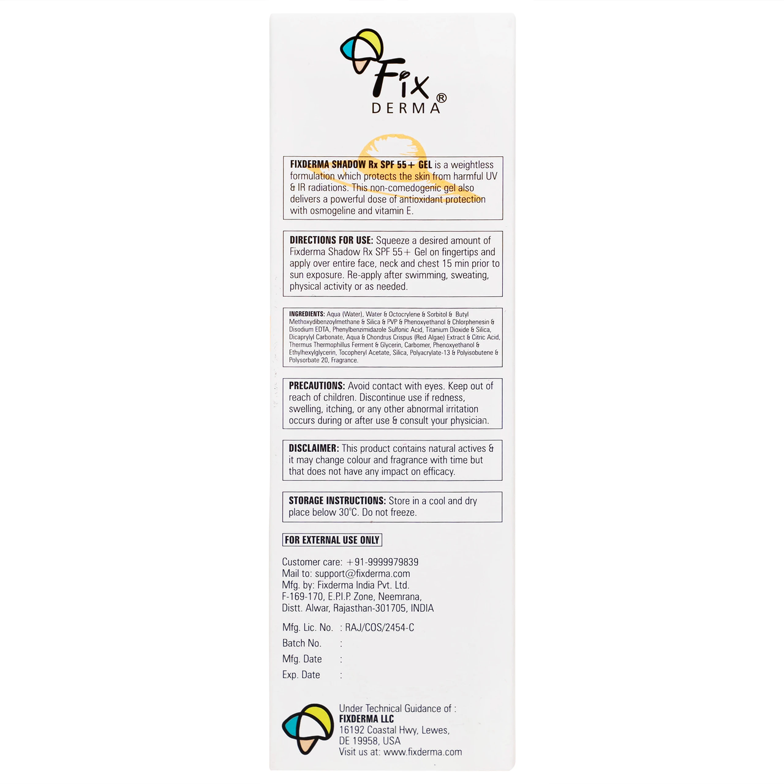 Gel chống nắng Fixderma Shadow SPF 55+ bảo vệ da khỏi tia UV, dưỡng ẩm (75g)