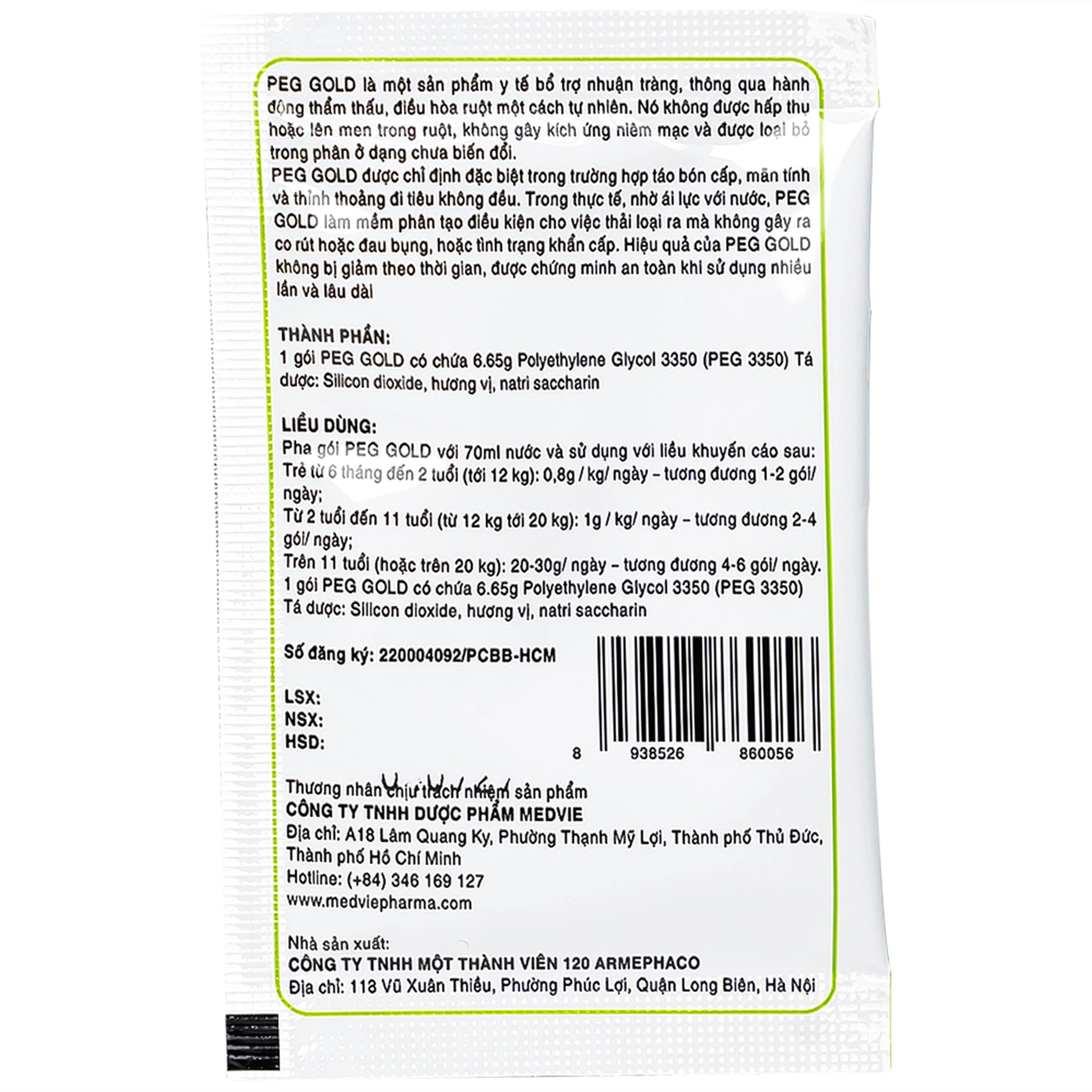 Bột nhuận tràng Peg Gold Medvie (30 gói x 6.65g) cải thiện tình trạng táo bón cho trẻ từ 6 tháng tuổi