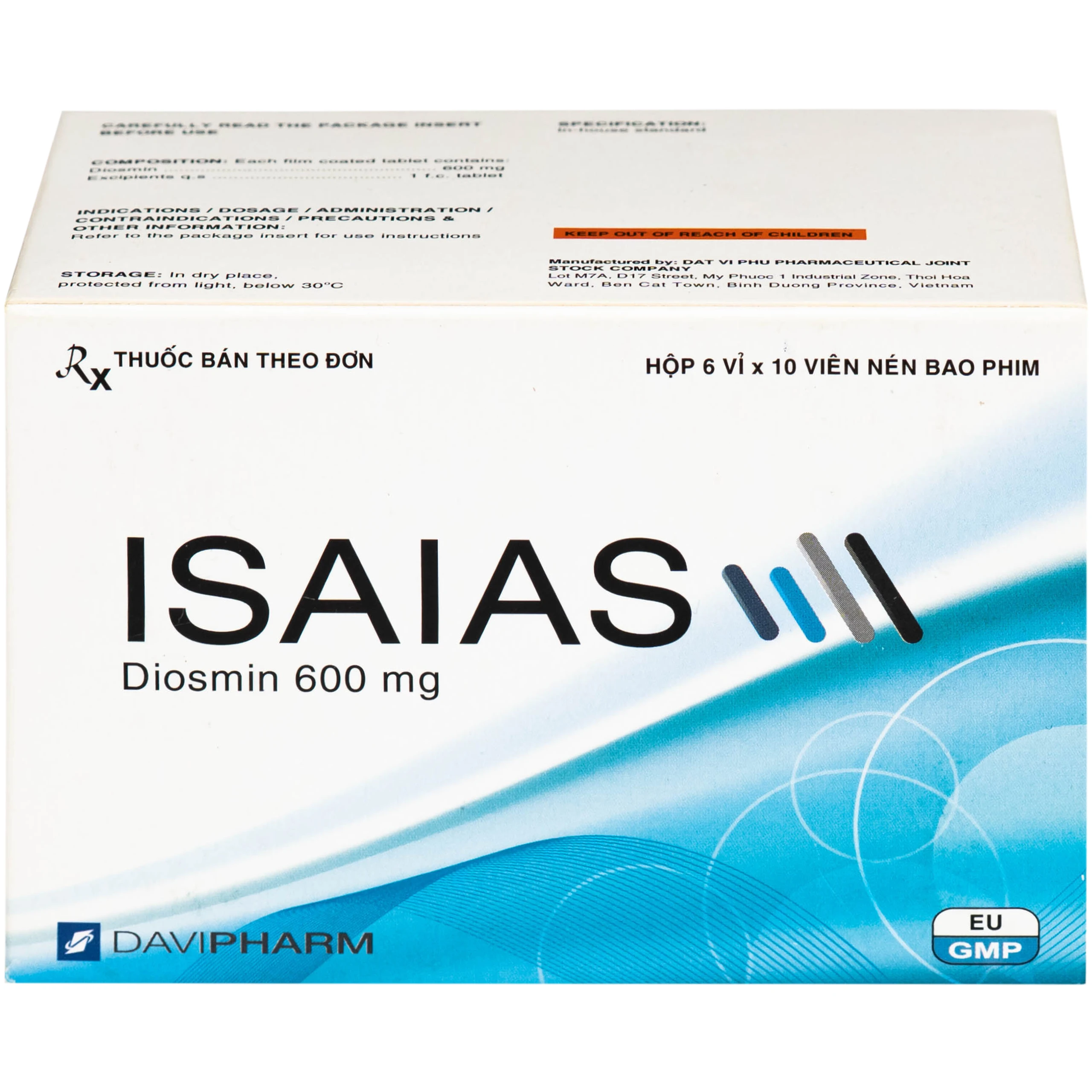 Thuốc Isaias 600mg Davipharm điều trị triệu chứng suy tuần hoàn tĩnh mạch mạn tính (6 vỉ x 10 viên)