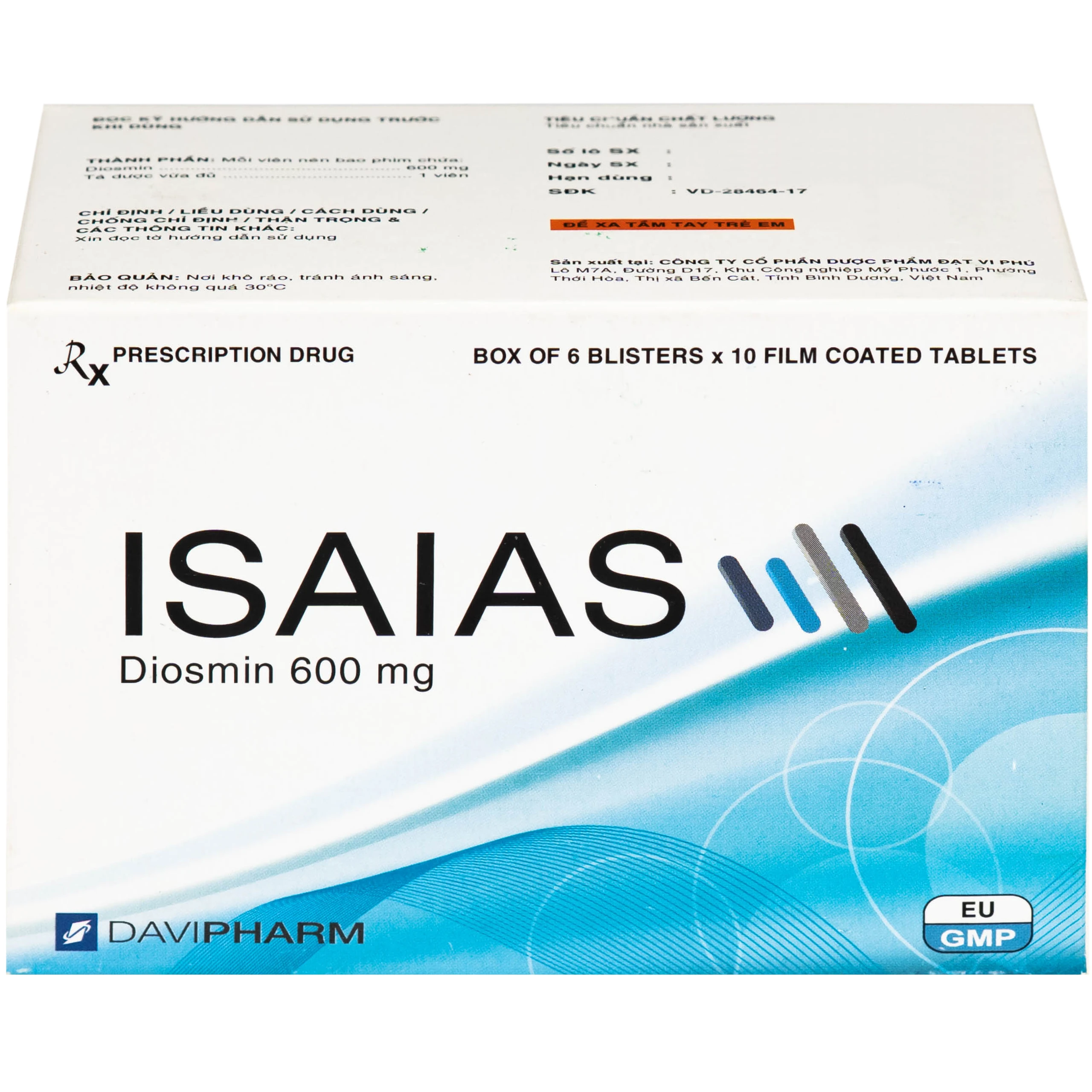 Thuốc Isaias 600mg Davipharm điều trị triệu chứng suy tuần hoàn tĩnh mạch mạn tính (6 vỉ x 10 viên)