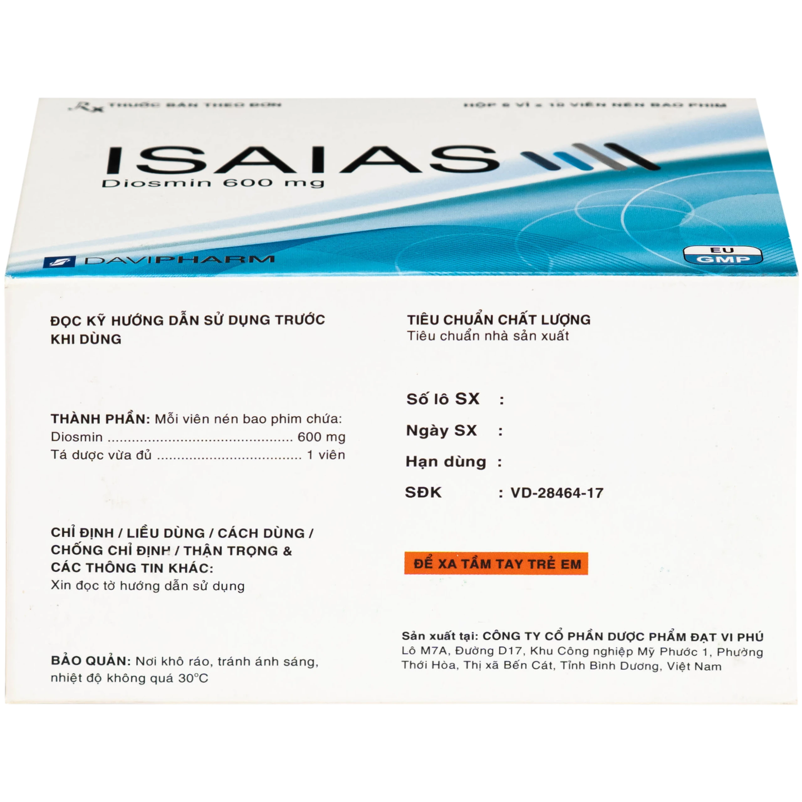 Thuốc Isaias 600mg Davipharm điều trị triệu chứng suy tuần hoàn tĩnh mạch mạn tính (6 vỉ x 10 viên)