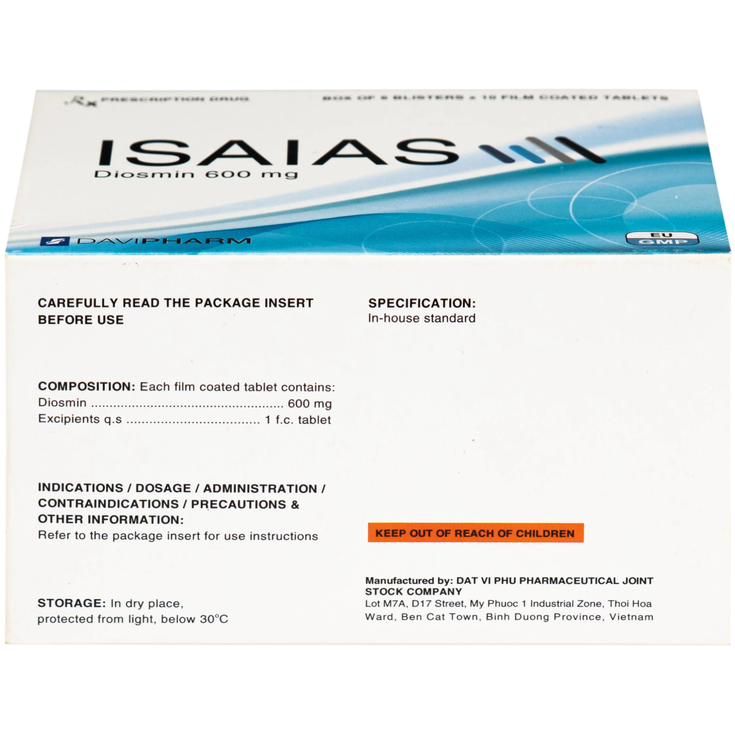 Thuốc Isaias 600mg Davipharm điều trị triệu chứng suy tuần hoàn tĩnh mạch mạn tính (6 vỉ x 10 viên)