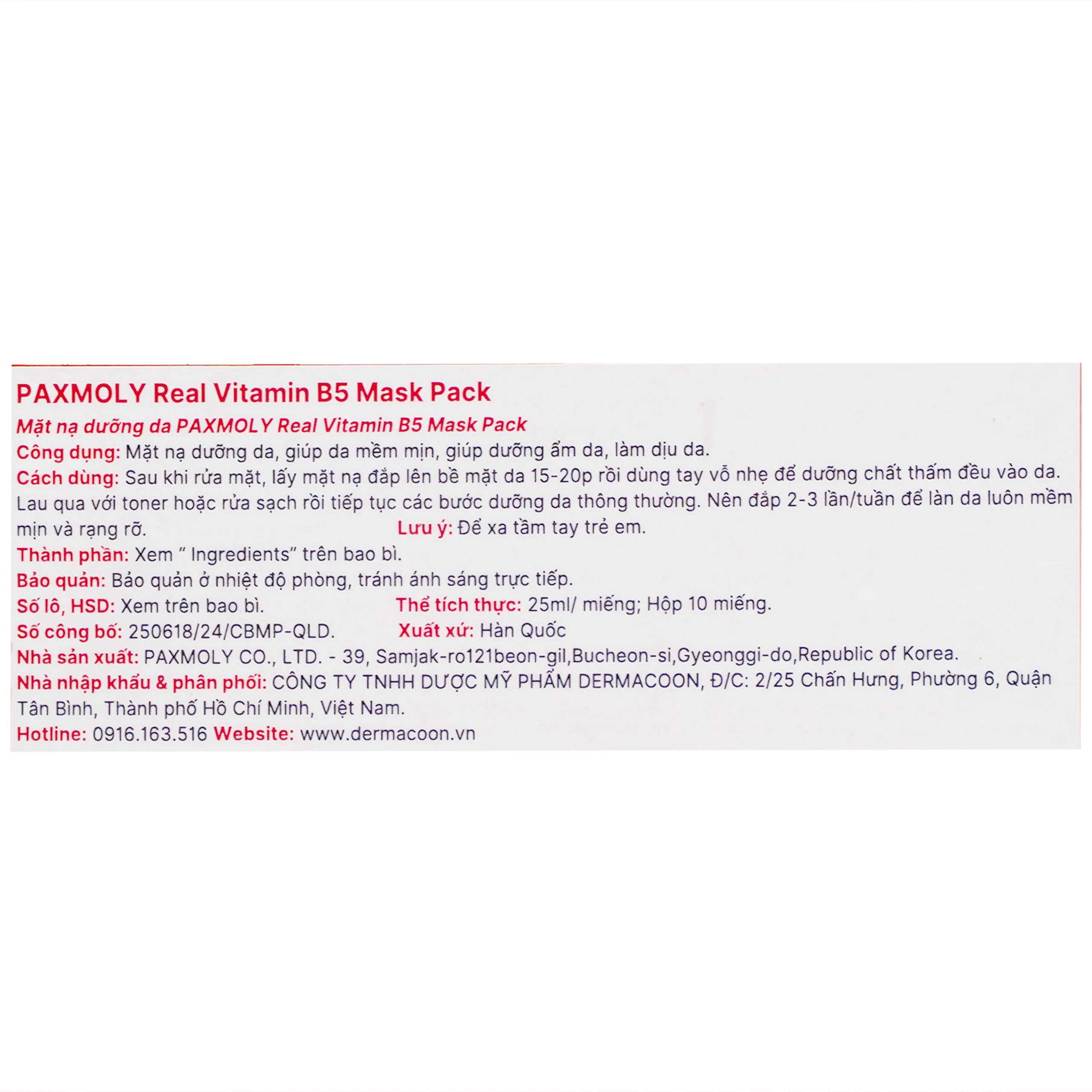 Mặt nạ dưỡng ẩm Pax Moly Real Vitamin B5 Mask Pack 10 miếng (red)