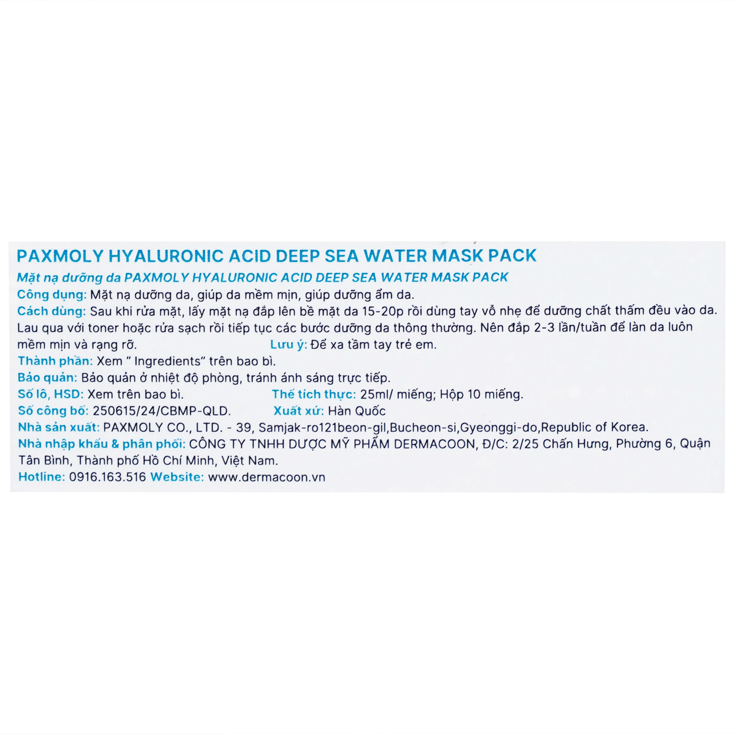 Mặt nạ dưỡng ẩm Pax Moly Hyaluronic Acid Deep Sea Water Mask Pack sáng da và chống lão hóa