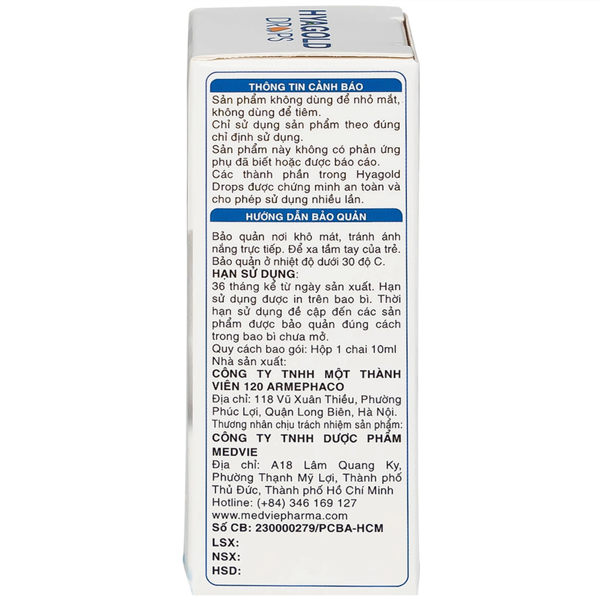 Nhỏ mũi Hyagold Drops Medvie 10ml giúp giữ ẩm và làm sạch mũi hàng ngày