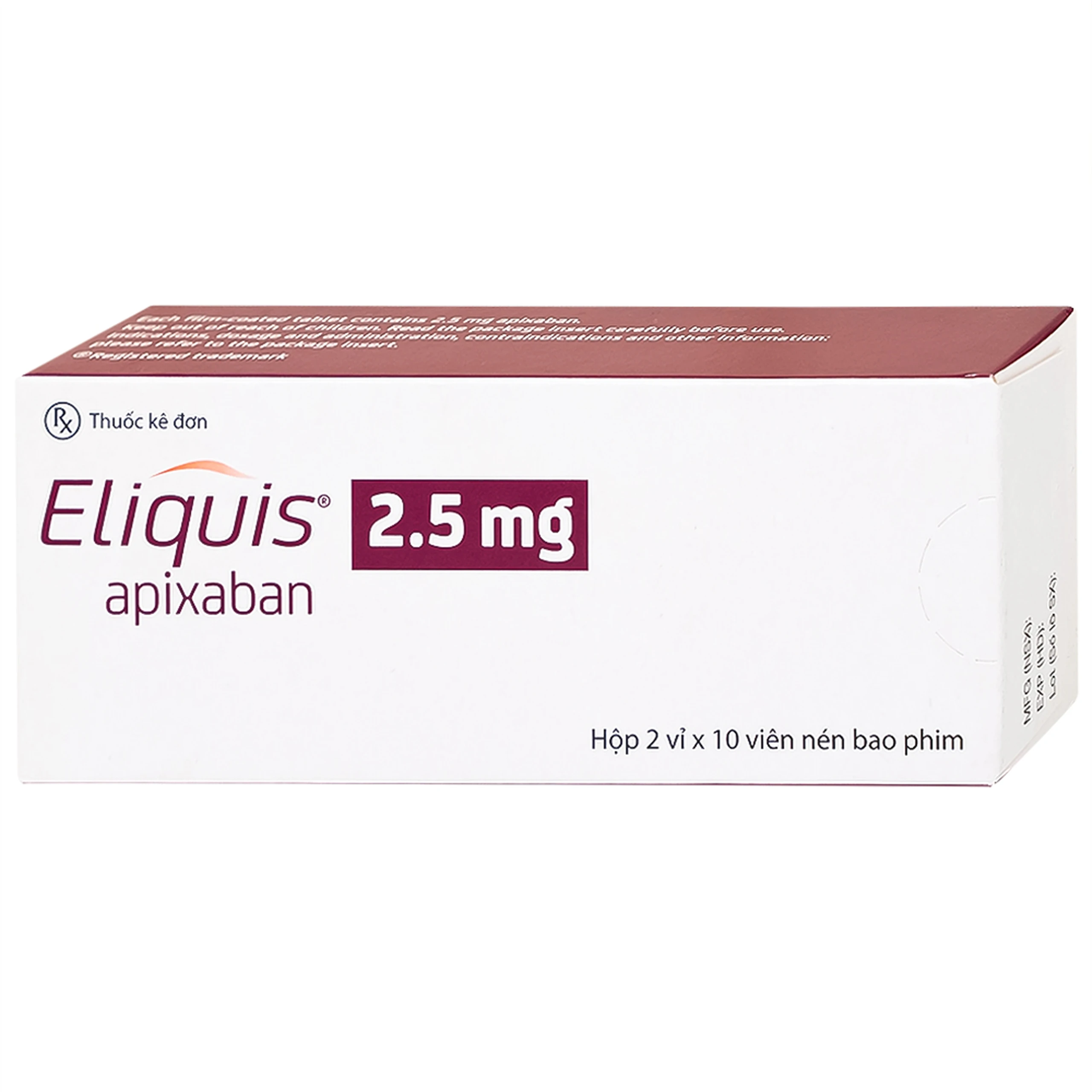 Thuốc Eliquis 2.5mg Pfizer giúp phòng ngừa biến cố thuyên tắc huyết khối tĩnh mạch (2 vỉ x 10 viên)
