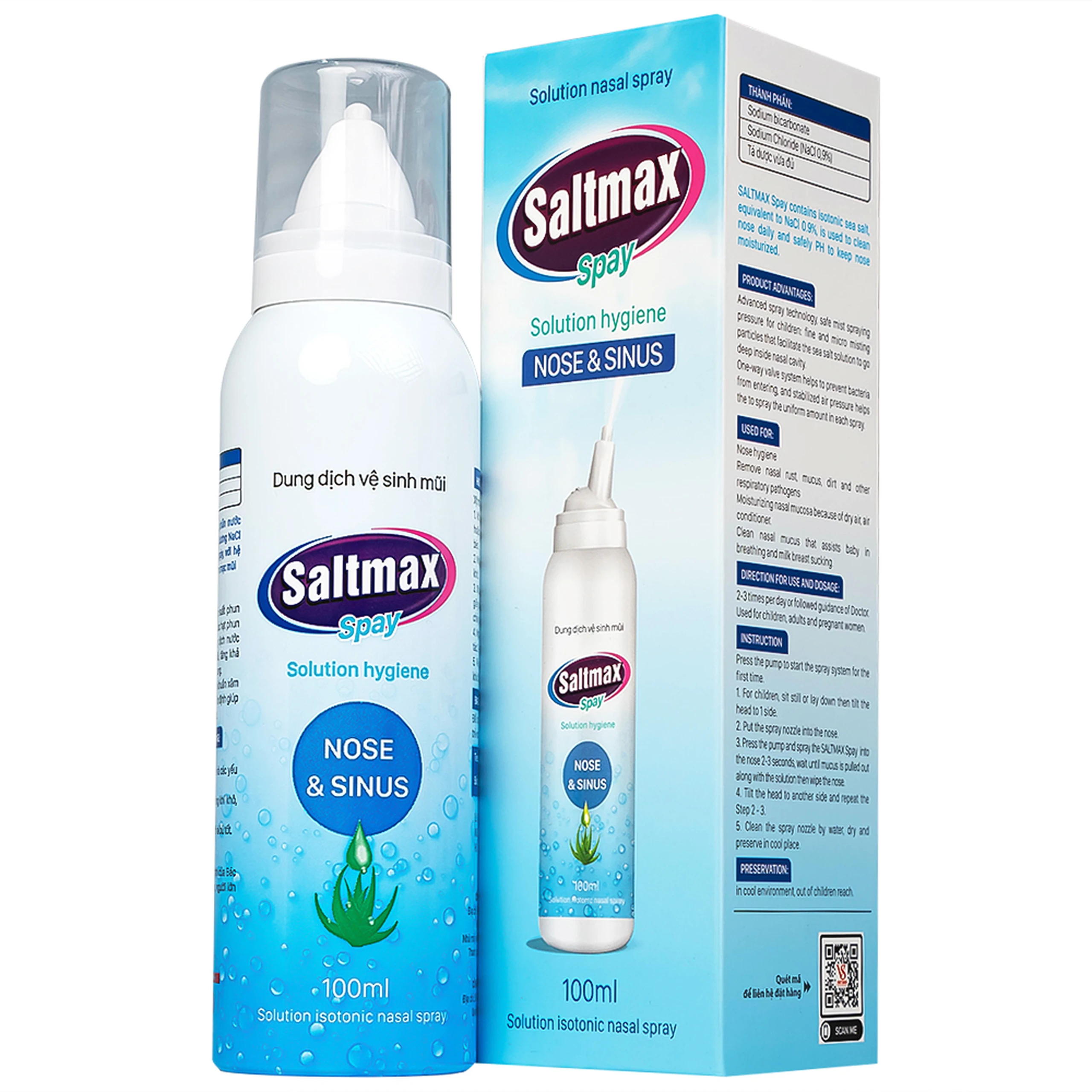 Xịt mũi Saltmax spay 100ml Việt Sinh giúp vệ sinh mũi, giữ ẩm niêm mạc mũi
