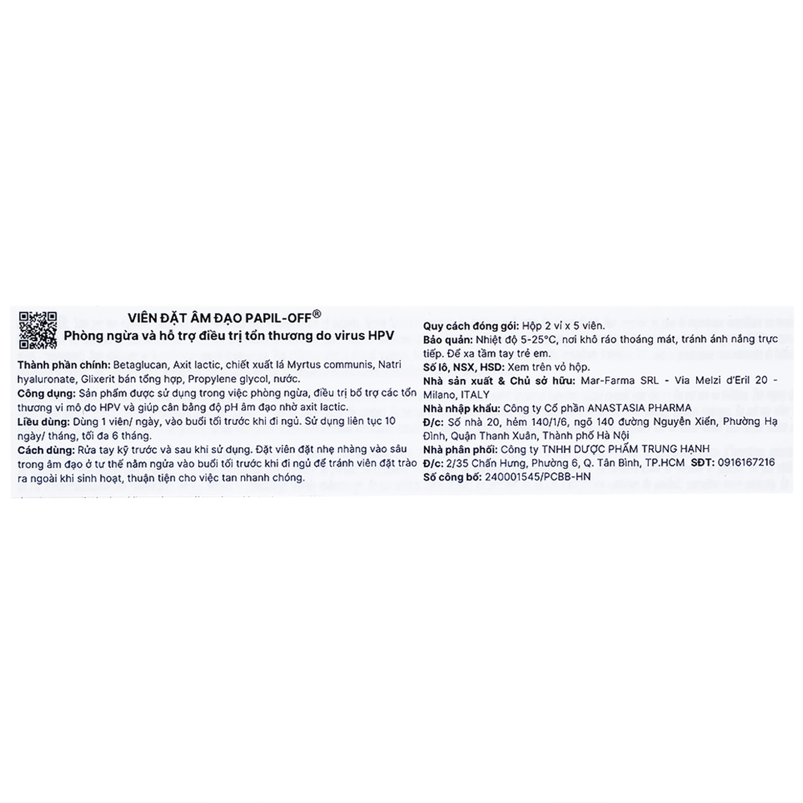 Viên đặt phụ khoa Papil-Off (2 vỉ x 5 viên) phòng ngừa và hỗ trợ điều trị tổn thương do virus HPV