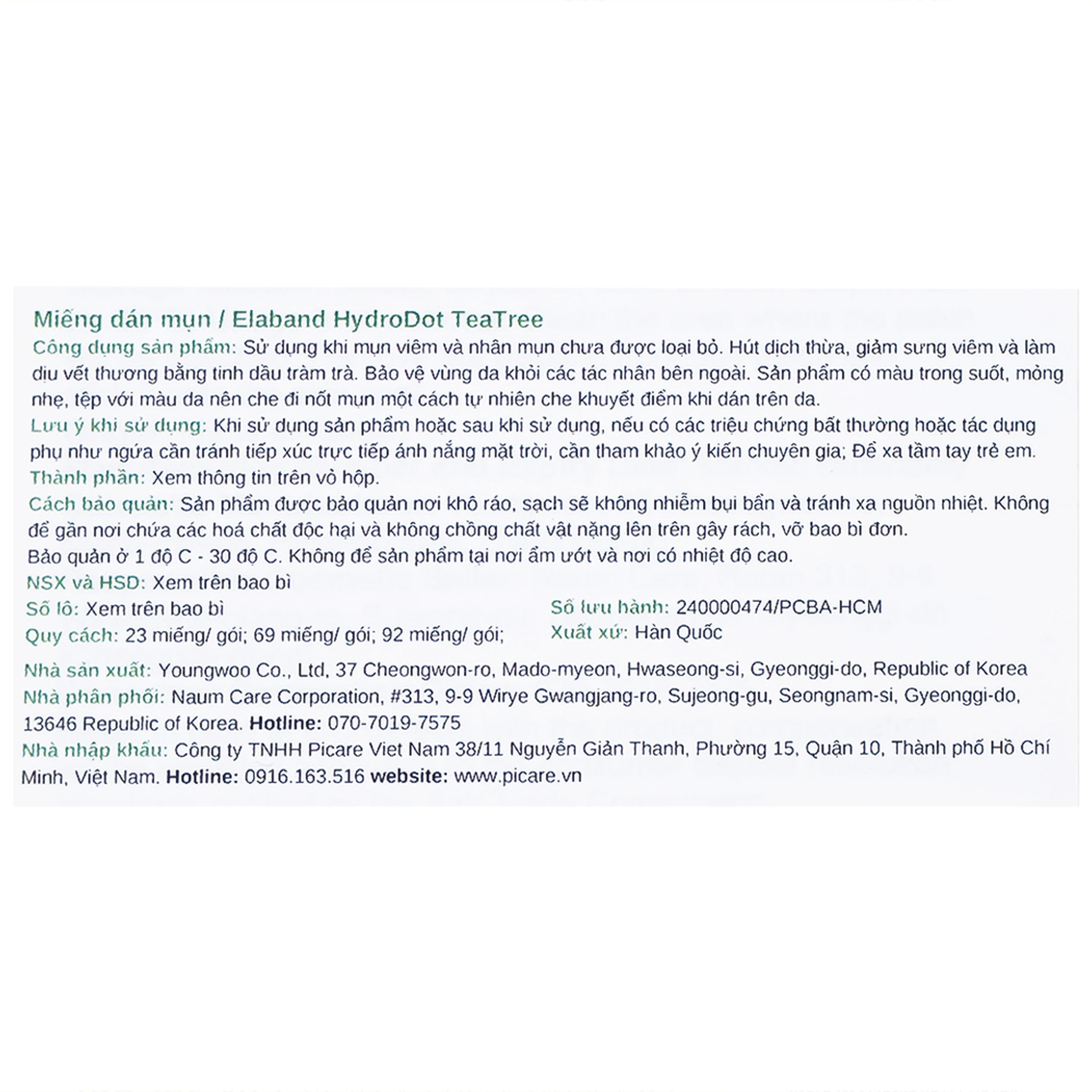 Miếng dán mụn Elaband Hydrodot Teatree (23 miếng) hút dịch mụn, giảm sưng viêm
