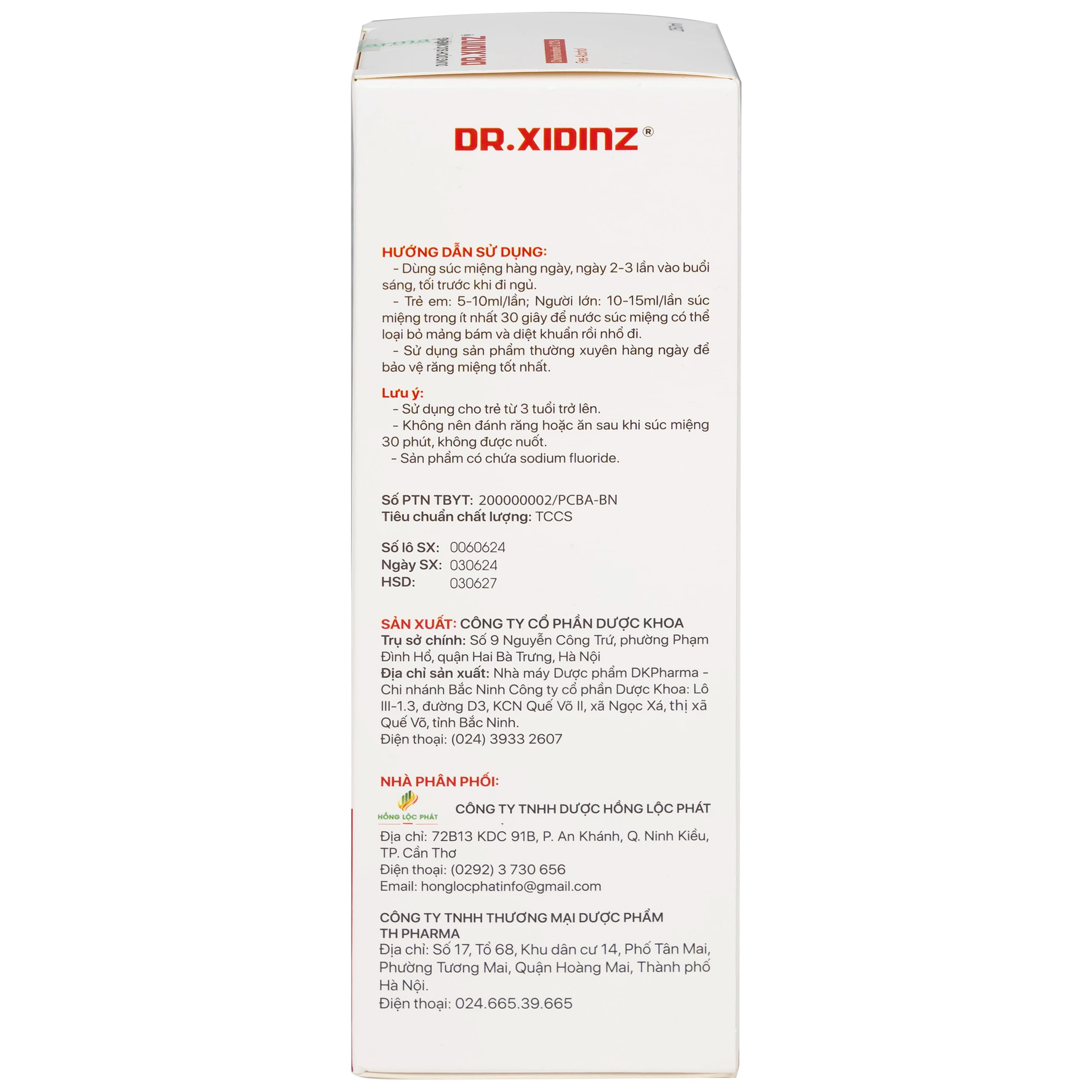 Nước súc miệng Dr.Xidinz chai 250ml hỗ trợ giảm viêm họng, viêm lợi