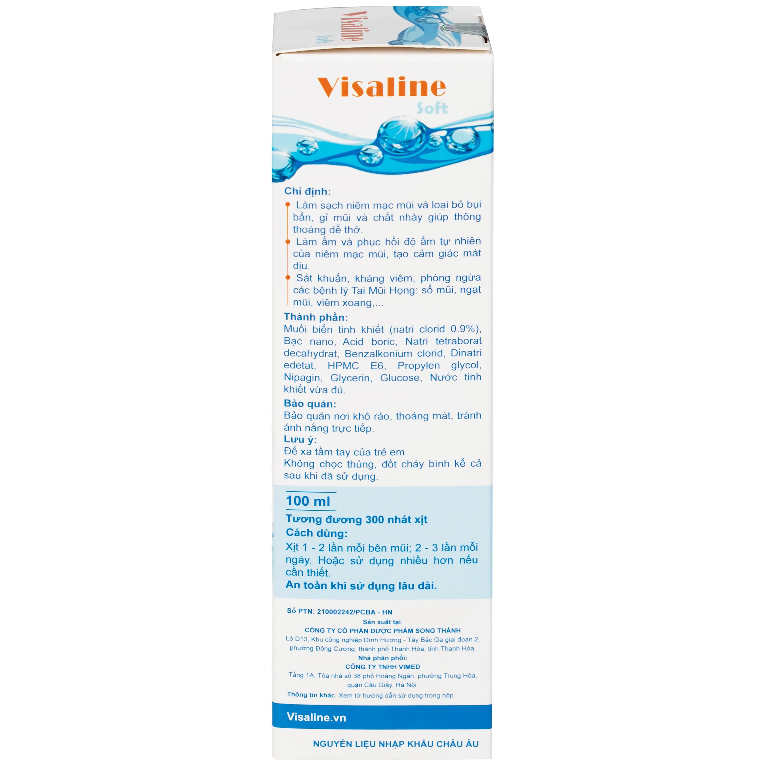 Xịt mũi nano bạc Visaline Soft Song Thành 100ml giúp làm sạch, làm ẩm và phục hồi niêm mạc mũi