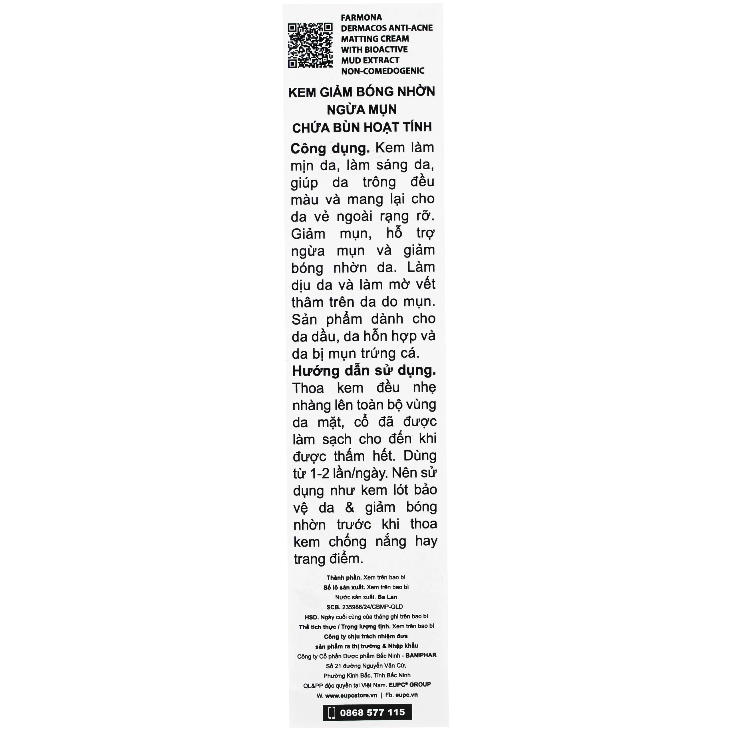 Kem bôi ngừa mụn Dermacos Anti Acne Matting Cream 50ml