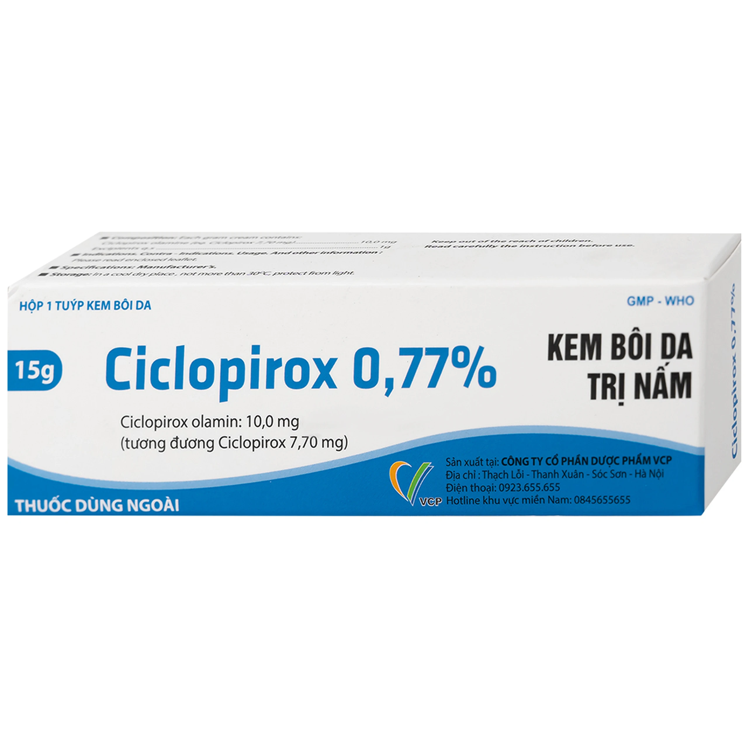Kem bôi da Ciclopirox 0,77% VCP điều trị nấm da chân, nấm da đùi và nấm da toàn thân (15g)