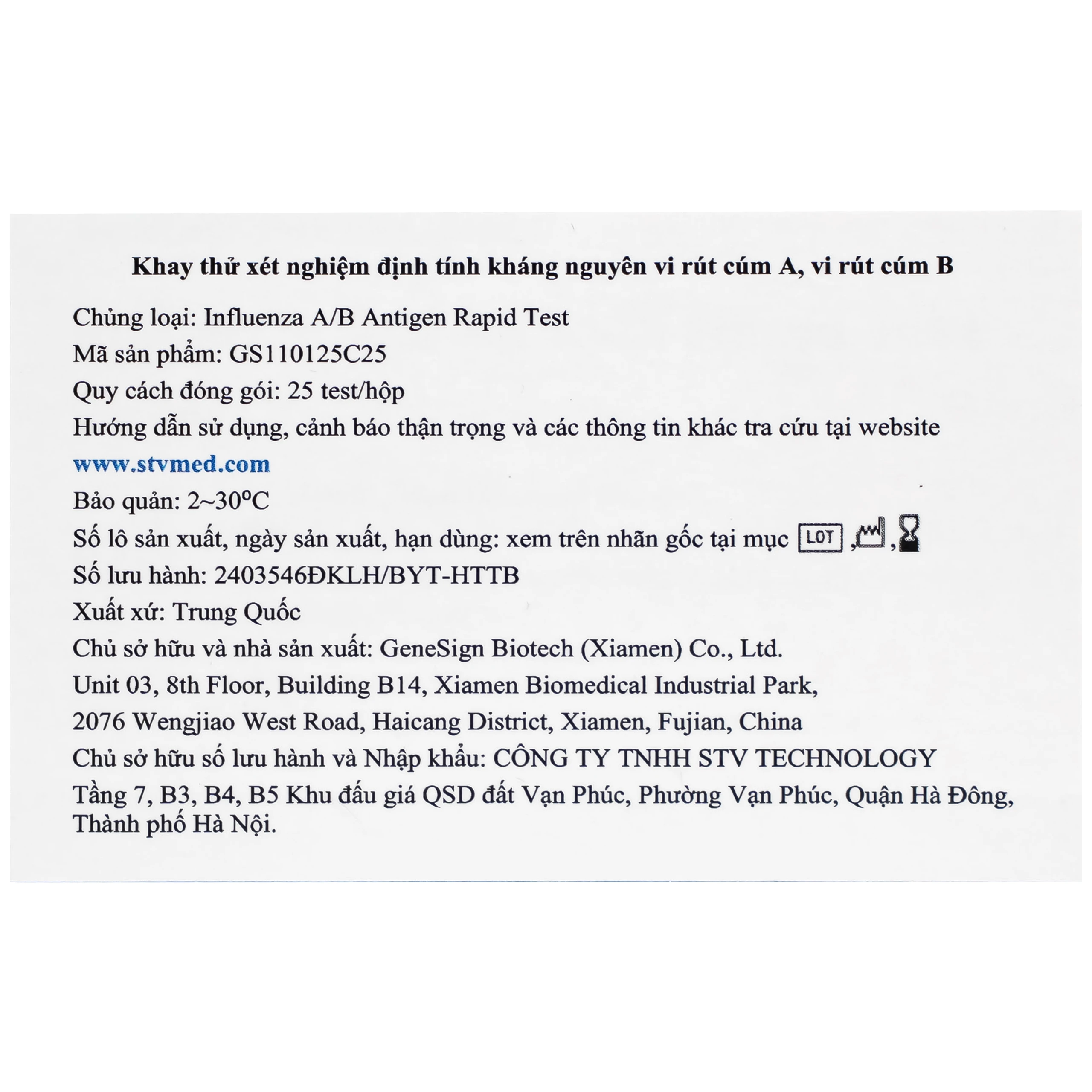 Kit test cúm A/B Genesign (25 kít)