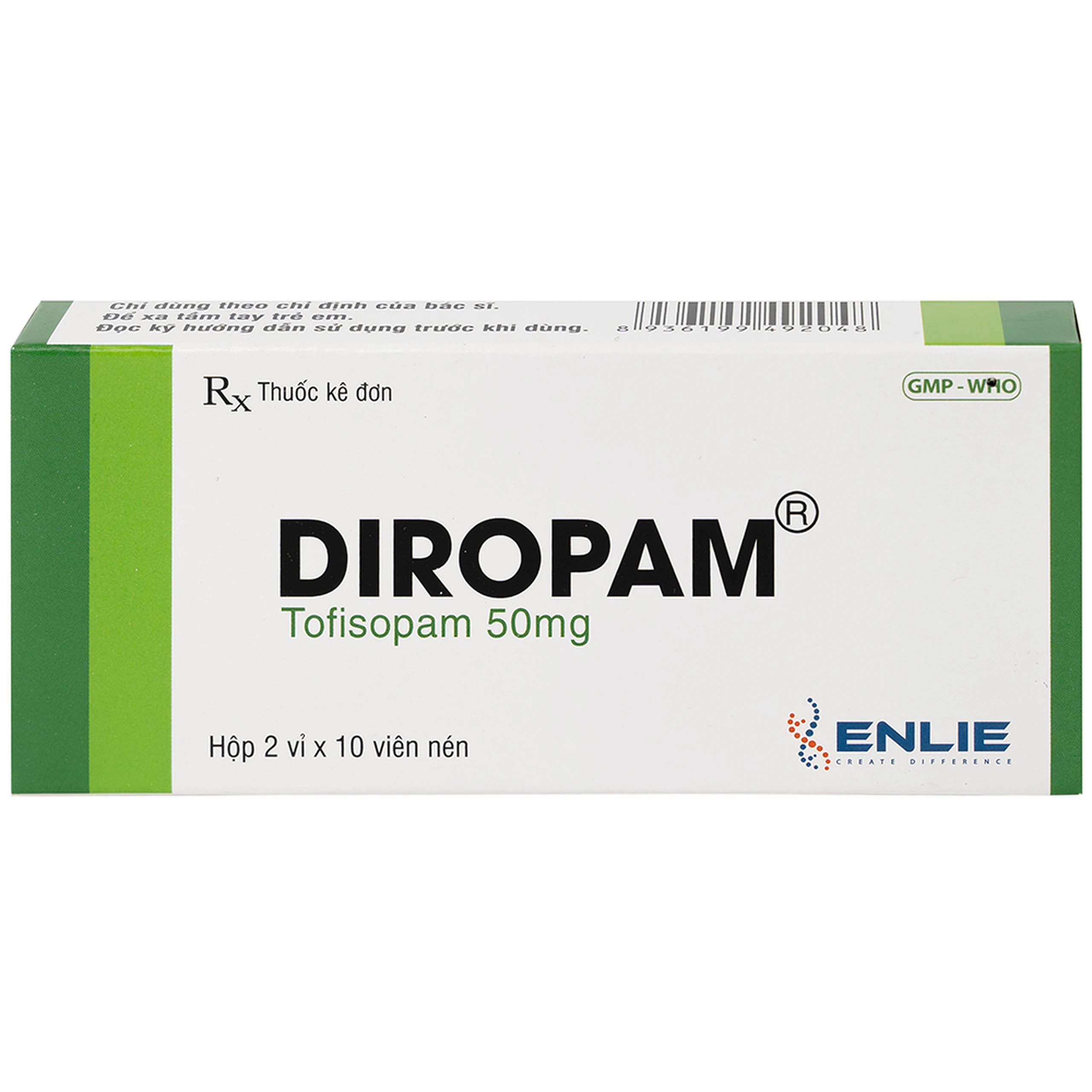 Thuốc Diropam 50mg Enlie điều trị triệu chứng đau thắt ngực giả, tiền mê sảng (2 vỉ x 10 viên)