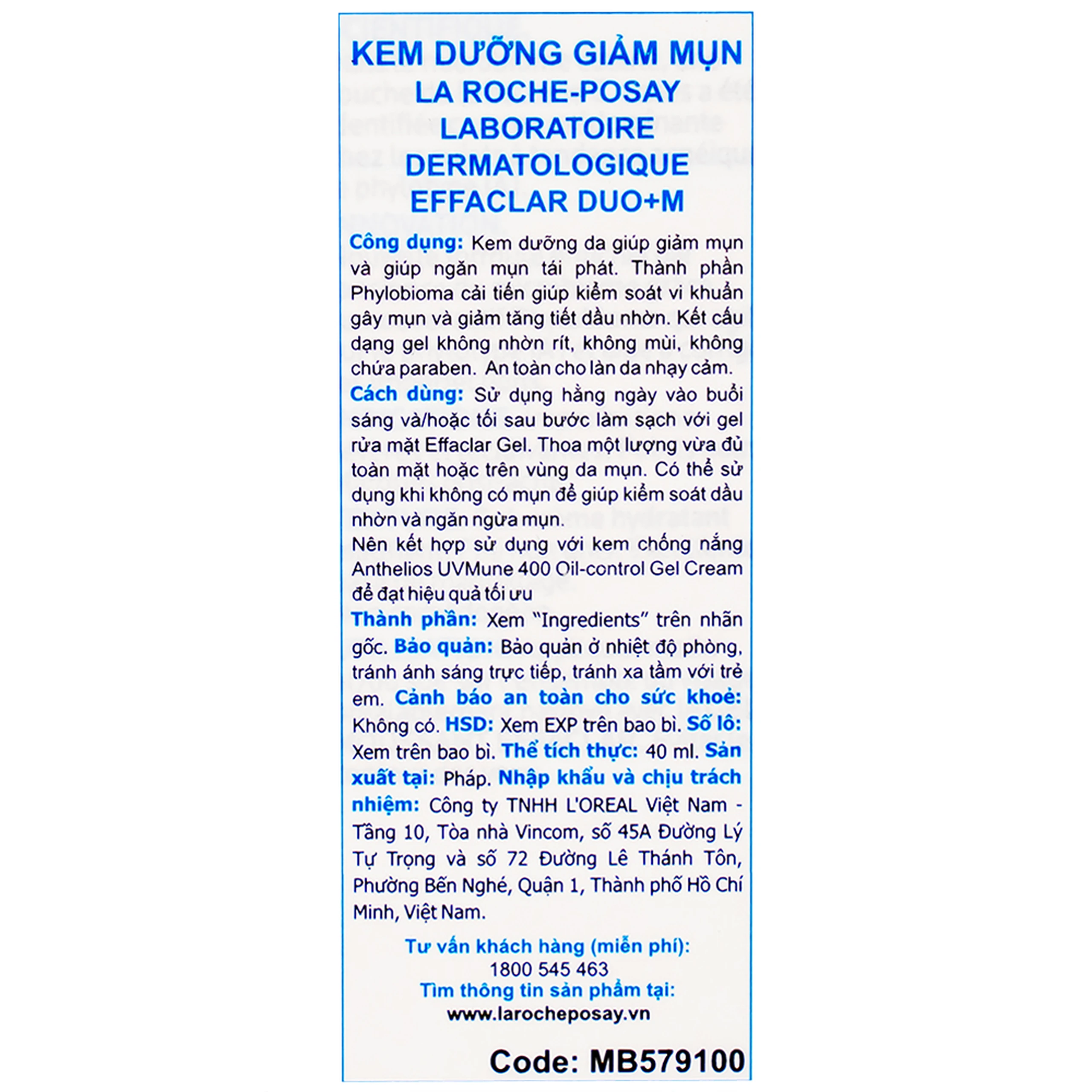 Kem dưỡng da La Roche-Posay Effaclar Duo (+) hỗ trợ giảm viêm và giảm mụn đỏ tấy trong vòng 12 giờ (40ml)