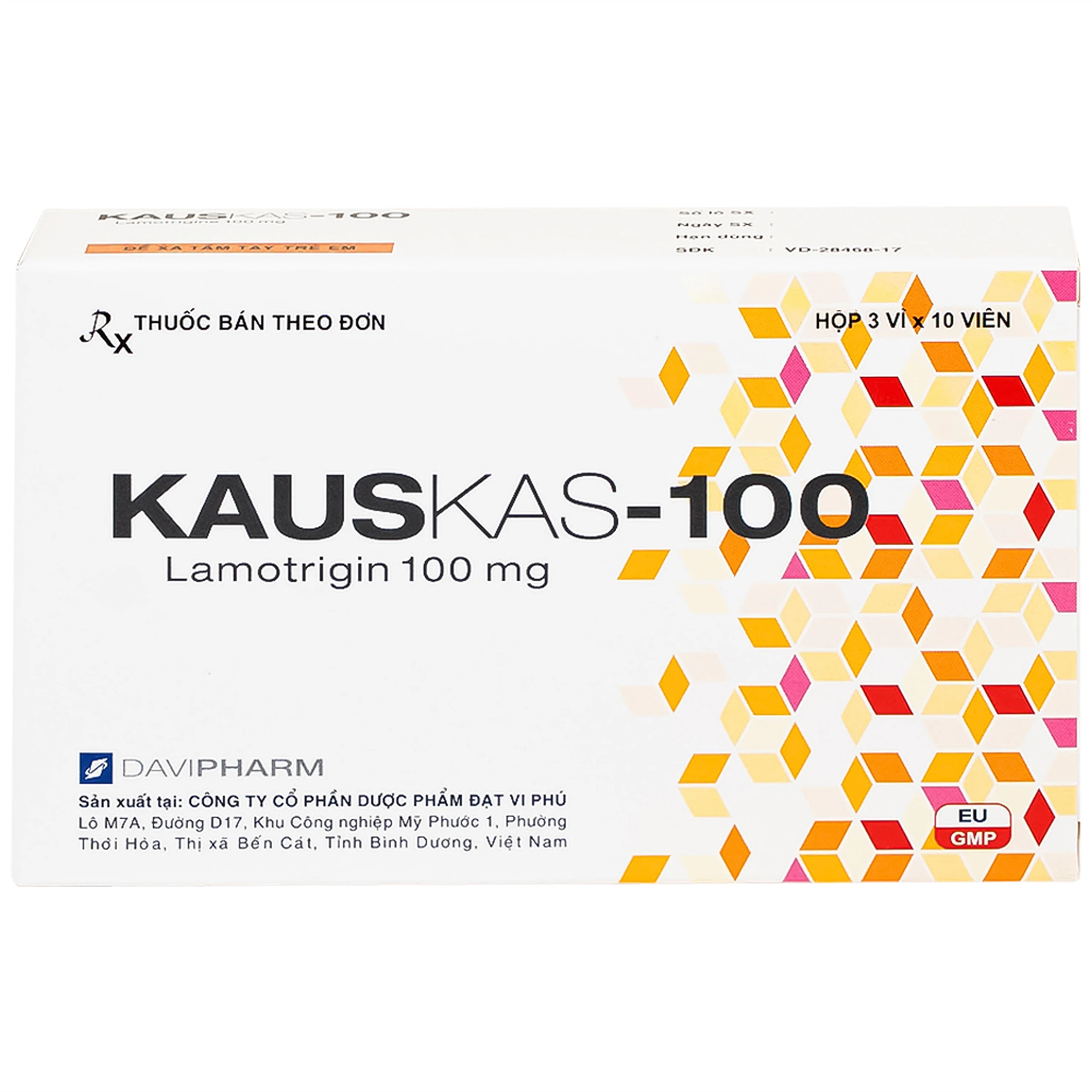 Thuốc Kauskas-100mg Davipharm điều trị động kinh và rối loạn lưỡng cực (3 vỉ x 10 viên)