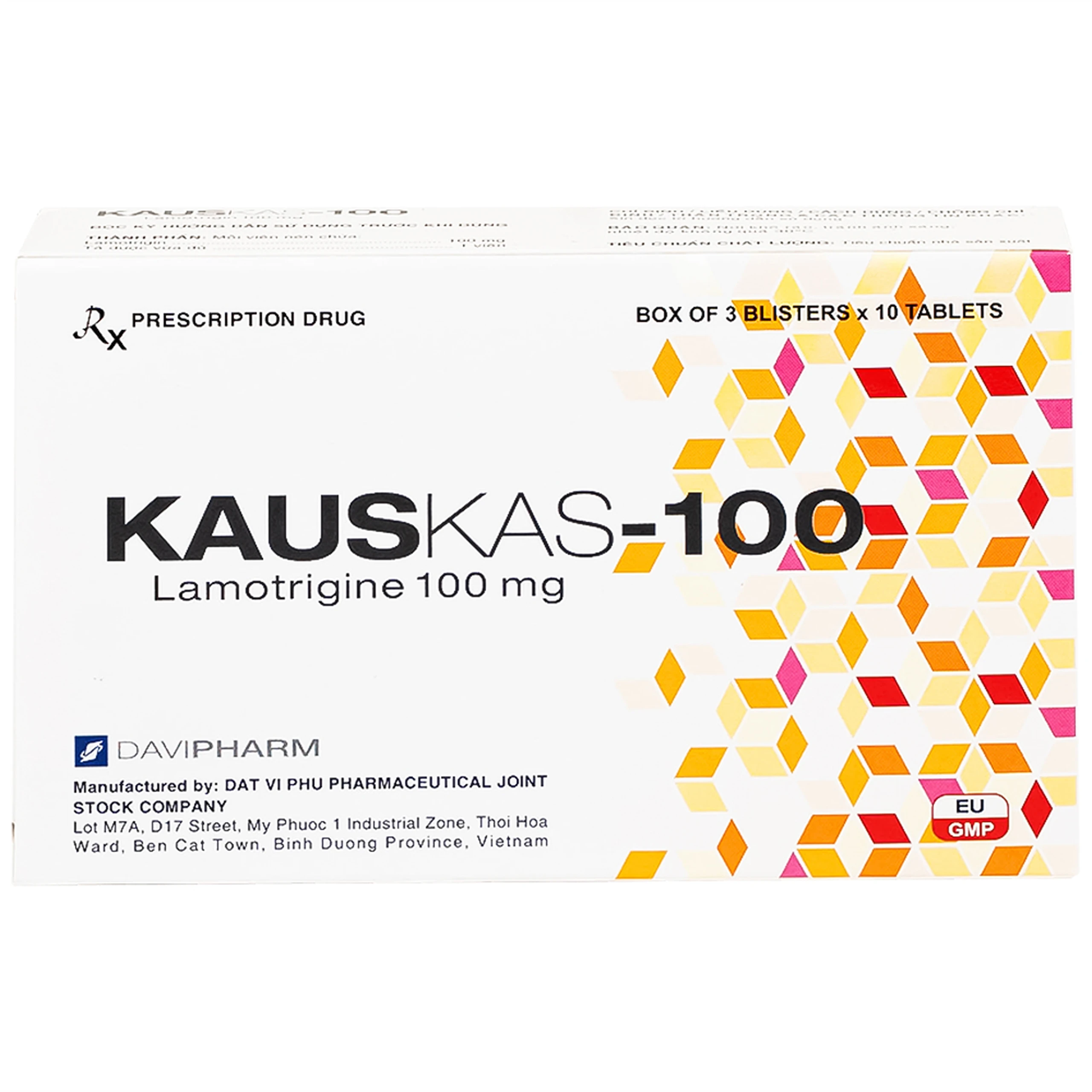 Thuốc Kauskas-100mg Davipharm điều trị động kinh và rối loạn lưỡng cực (3 vỉ x 10 viên)