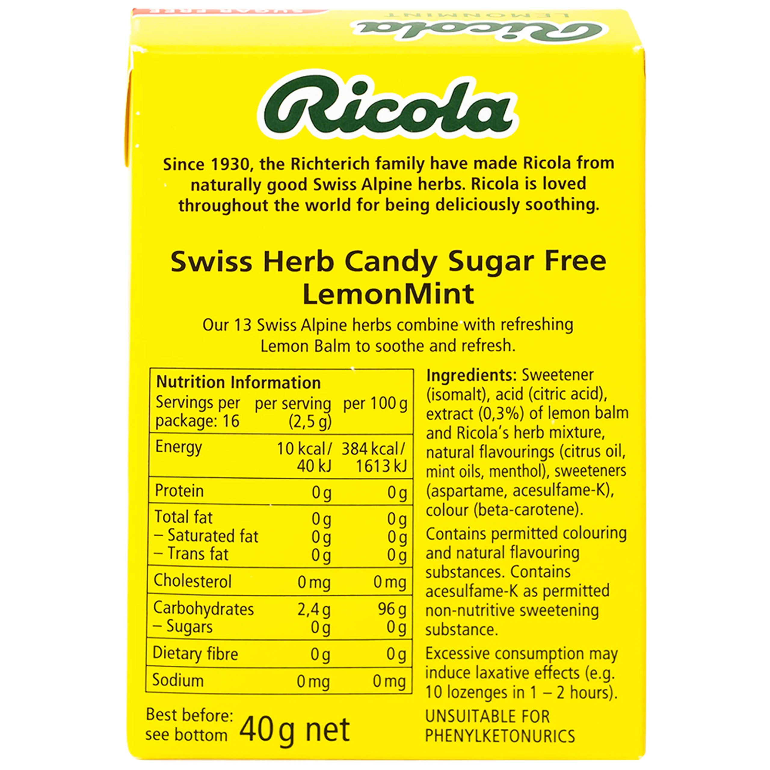 Kẹo Ngậm Ho Không Đường Chanh Bạc Hà Ricola Lemon Mint (40g)