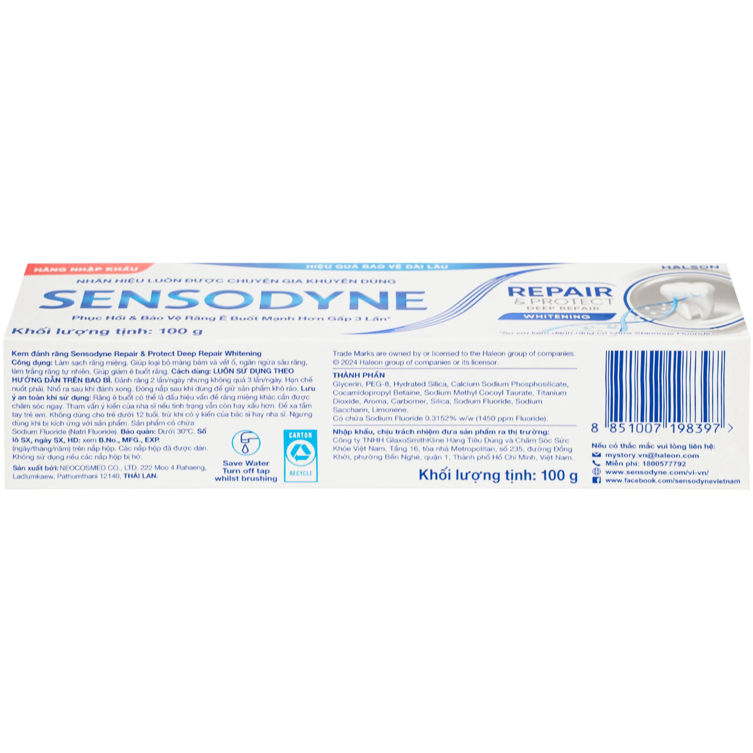 Kem đánh răng Sensodyne Repair And Protect Deep Repair Whitening giảm ê buốt răng, cơ chế phục hồi sâu (100g)