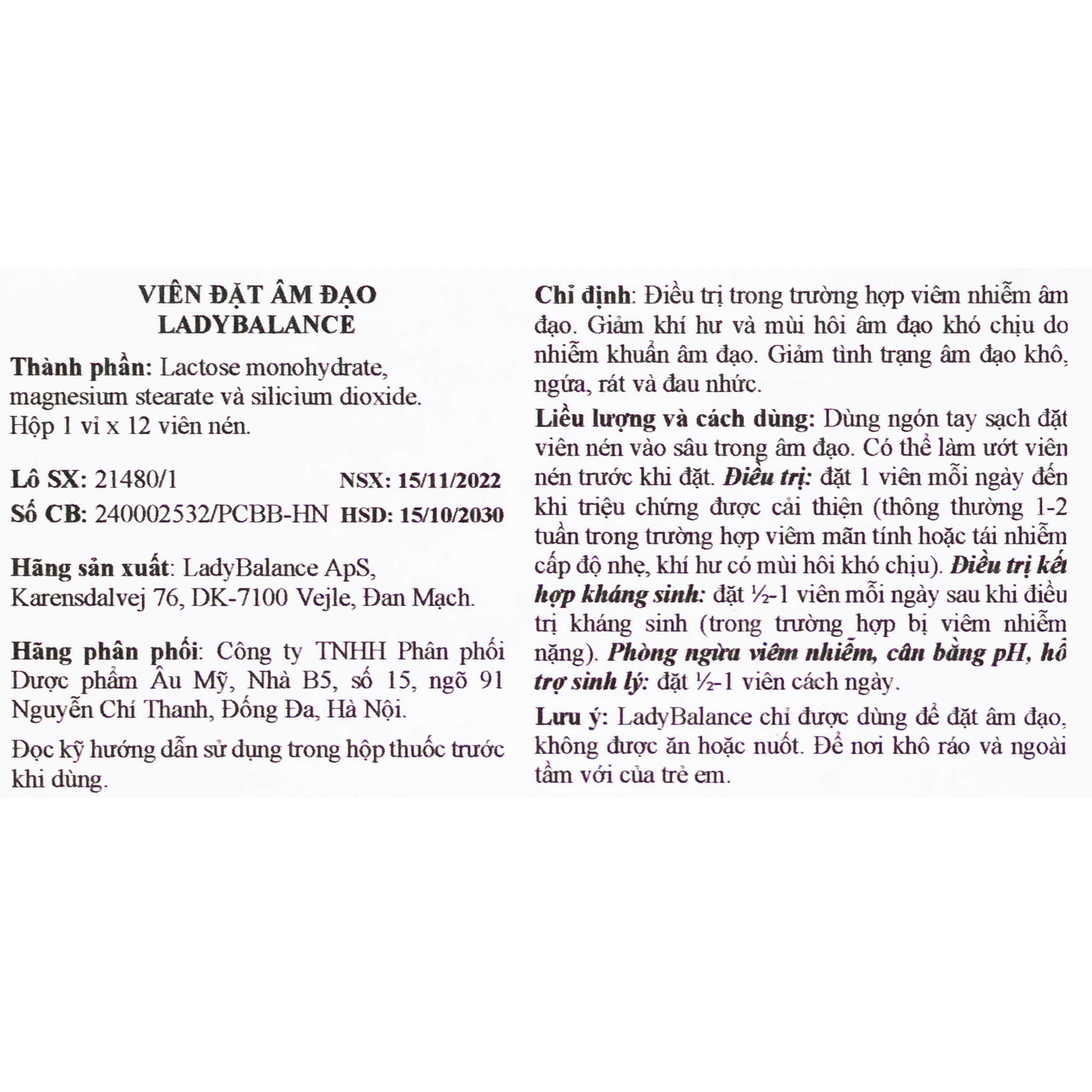 Viên đặt phụ khoa Ladybalance (1 vỉ x 12 viên) giảm khí hư, mùi hôi, khô ngứa, rát do viêm nhiễm âm đạo