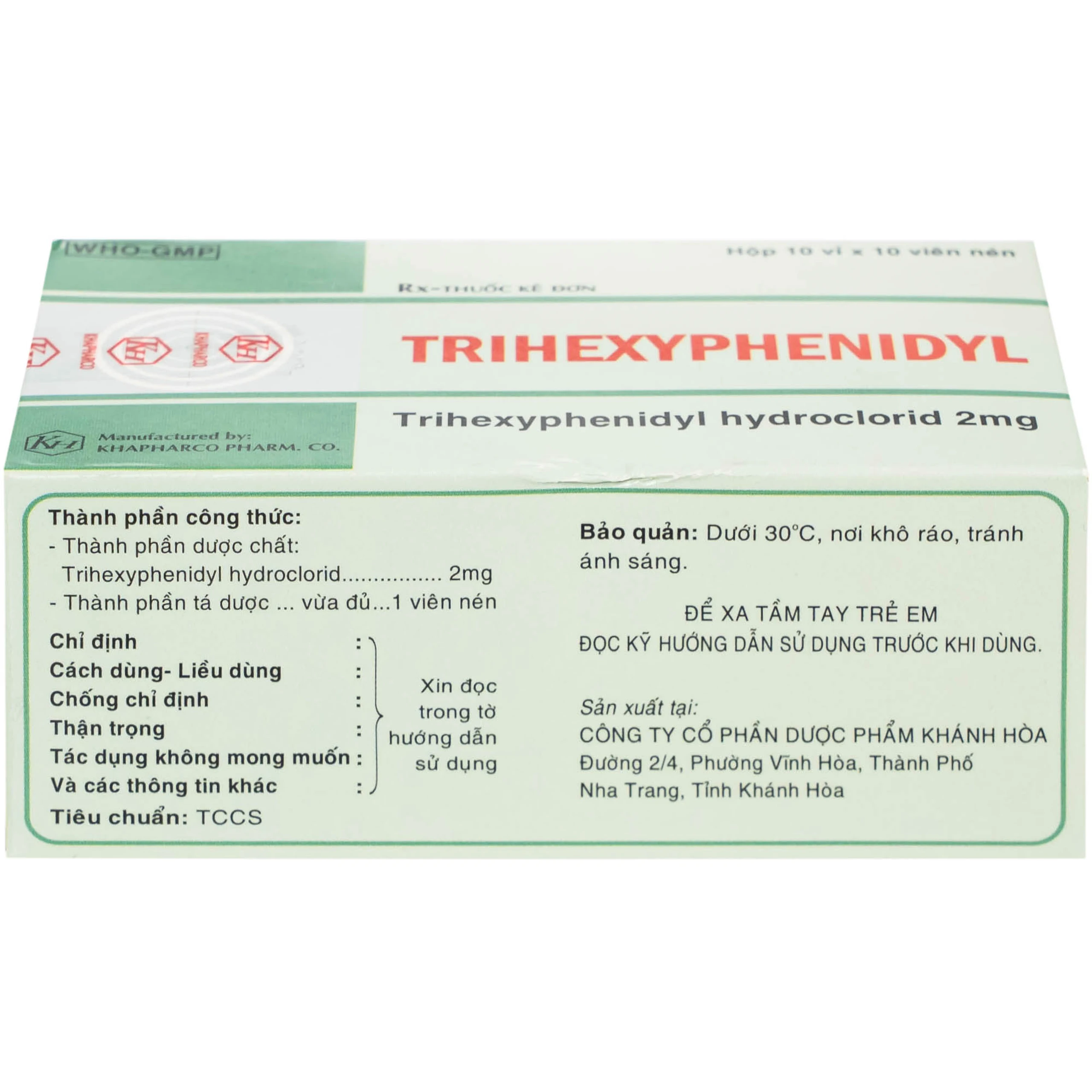 Thuốc Trihexyphenidyl 2mg Khánh Hòa điều trị phụ trợ hội chứng Parkinson (10 vỉ x 10 viên)
