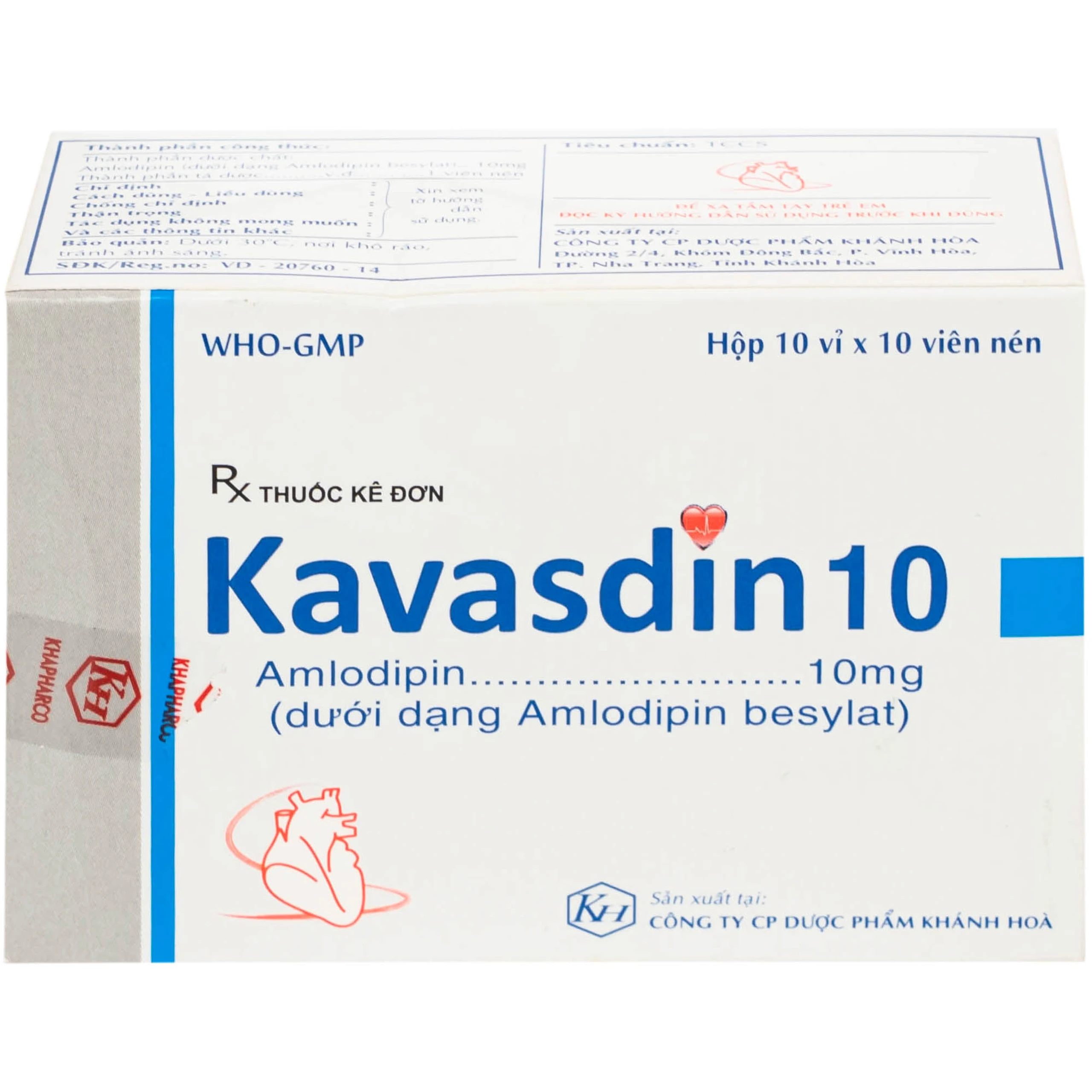 Viên nén Kavasdin 10mg Khapharco điều trị tăng huyết áp ở người đau thắt ngực ổn định (10 vỉ x 10 viên)