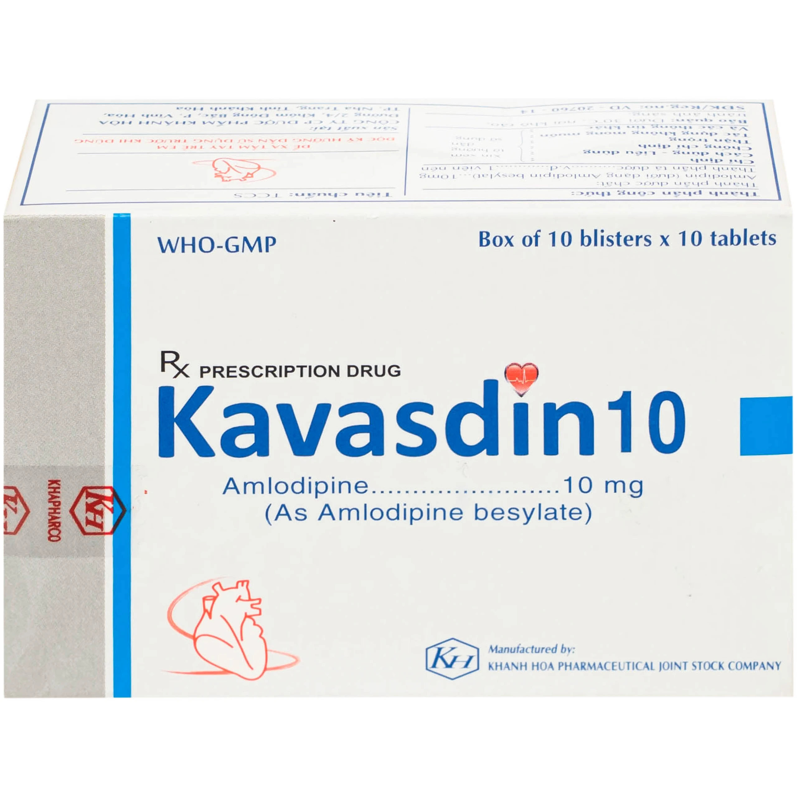 Viên nén Kavasdin 10mg Khapharco điều trị tăng huyết áp ở người đau thắt ngực ổn định (10 vỉ x 10 viên)