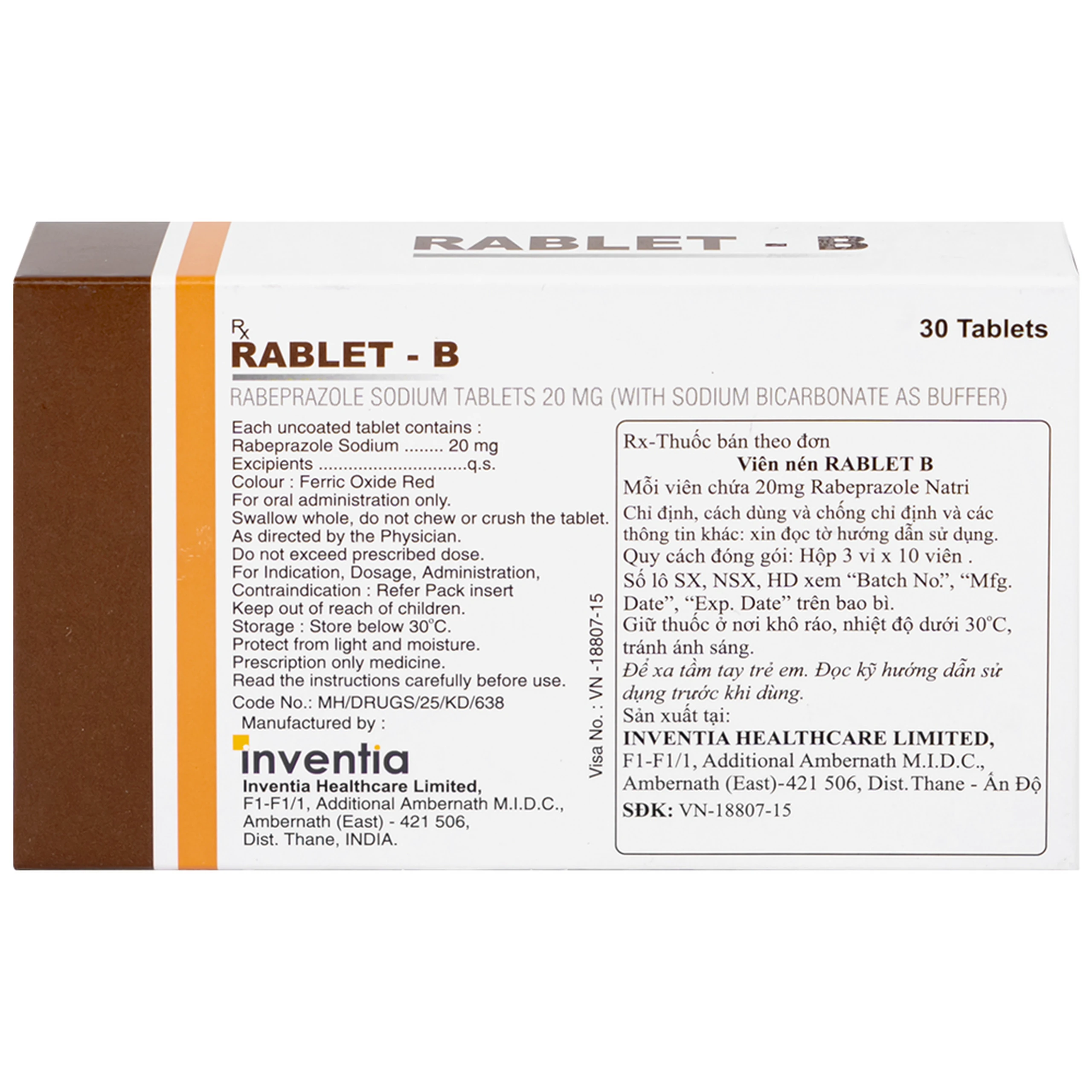 Thuốc Rablet-B Inventia điều trị loét do hội chứng trào ngược dạ dày, thực quản (3 vỉ x 10 viên)